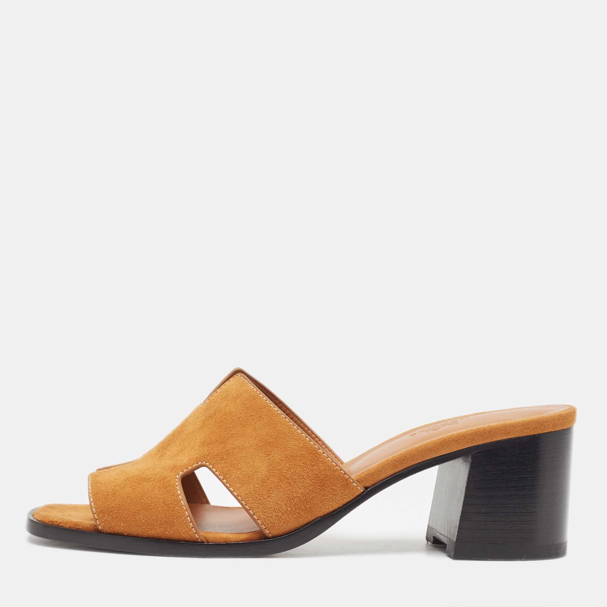 Pre Owned Hermes Brown Suede Helia Slide Sandals Size 40