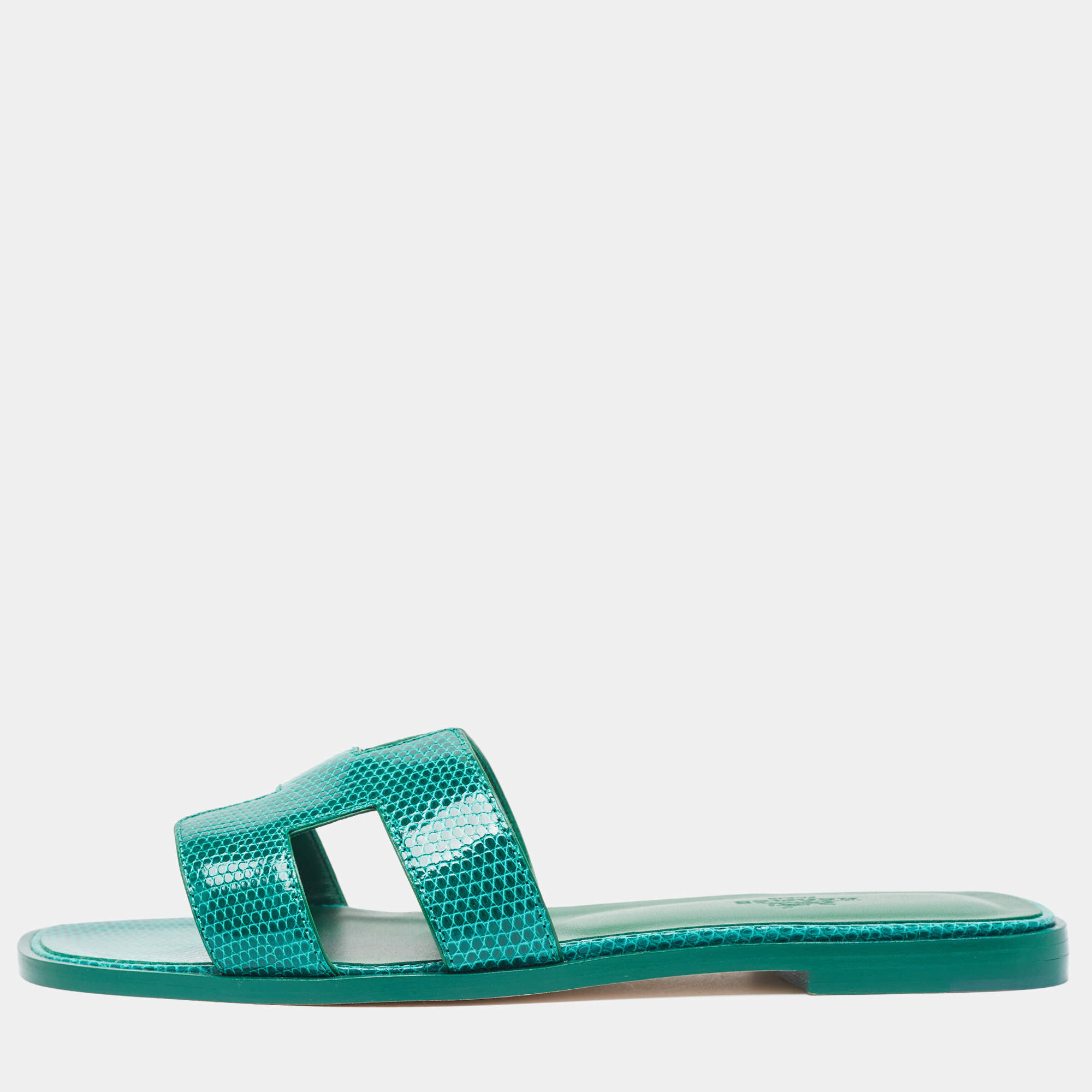 Hermès Green Lizard Oran Flat Slides Size 38