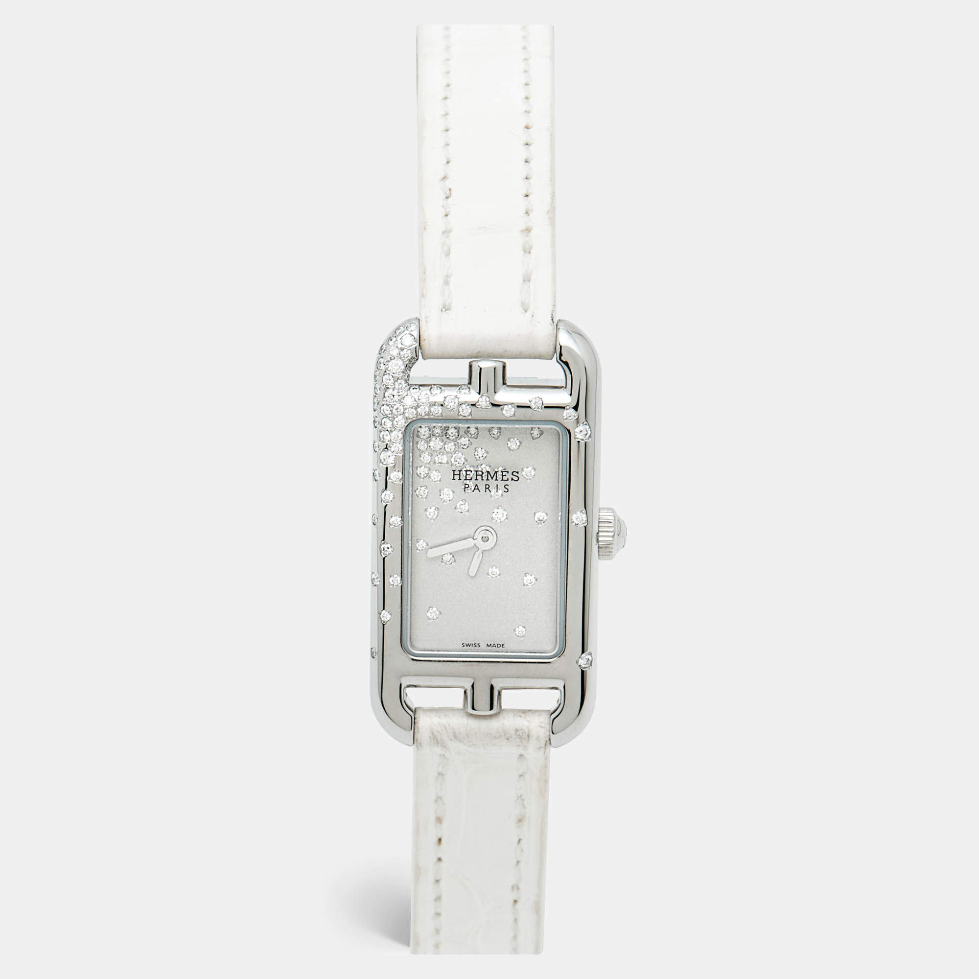 مملوكة مسبقًا Hermès Nantucket NA2.131 Silver Dial Stainless Steel Diamond Alligator Leather Women's Wristwatch 17 mm