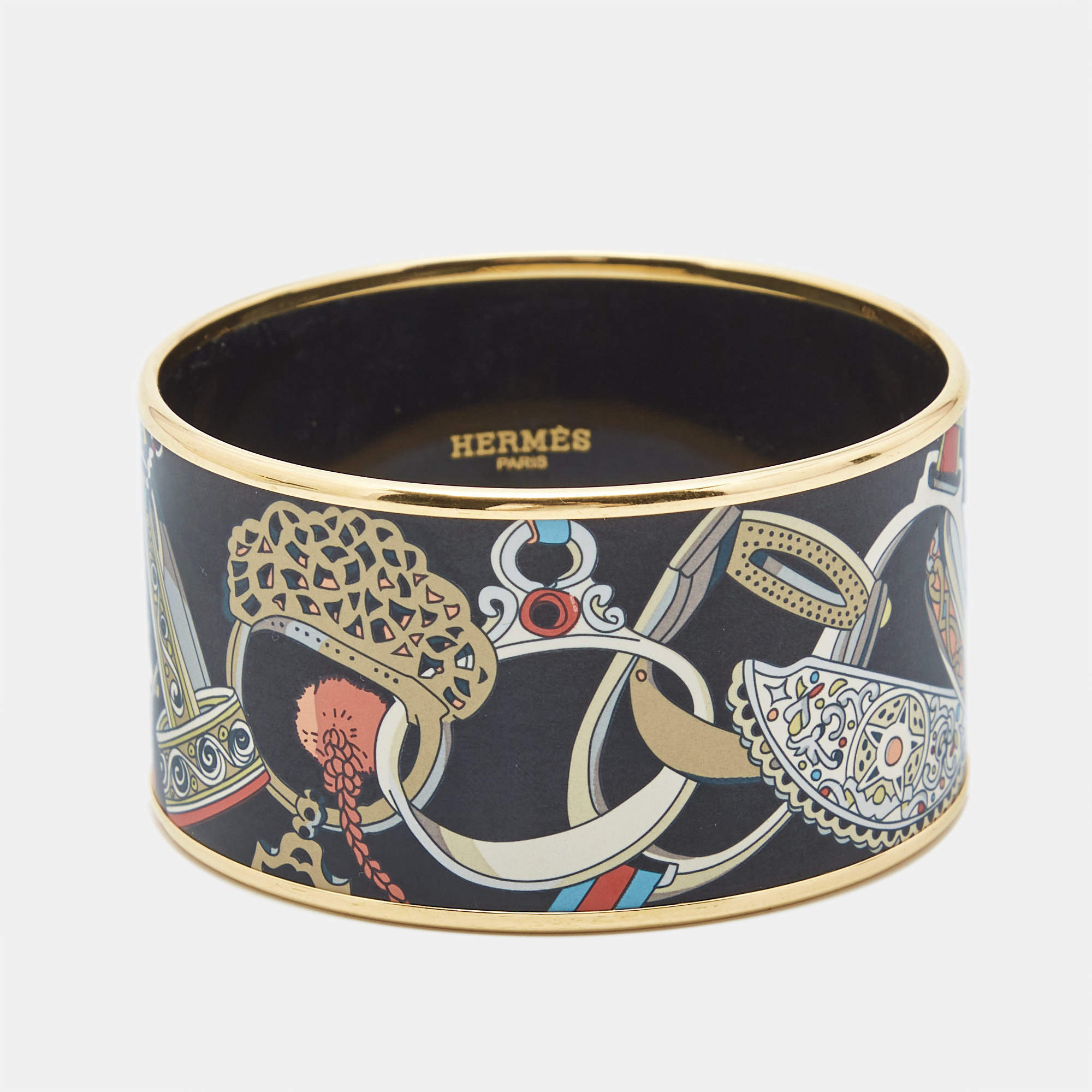 Hermes  Concours d'Etriers Printed Enamel Gold Plated Extra Wide Bracelet