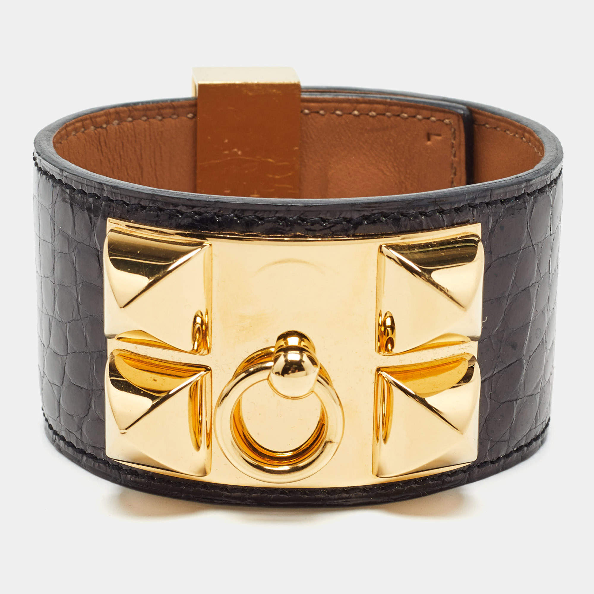 Hermes Collier de Chien Black Alligator Cuff Bracelet L
