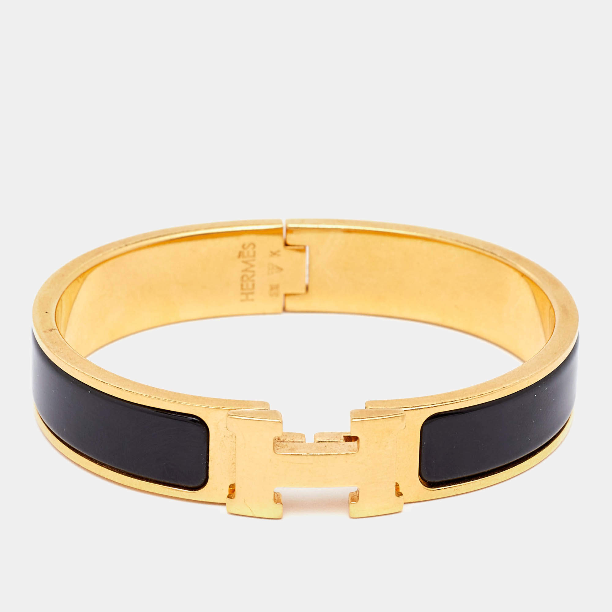 Pre Owned Hermes Clic H Black Enamel Gold Plated Narrow Bracelet
