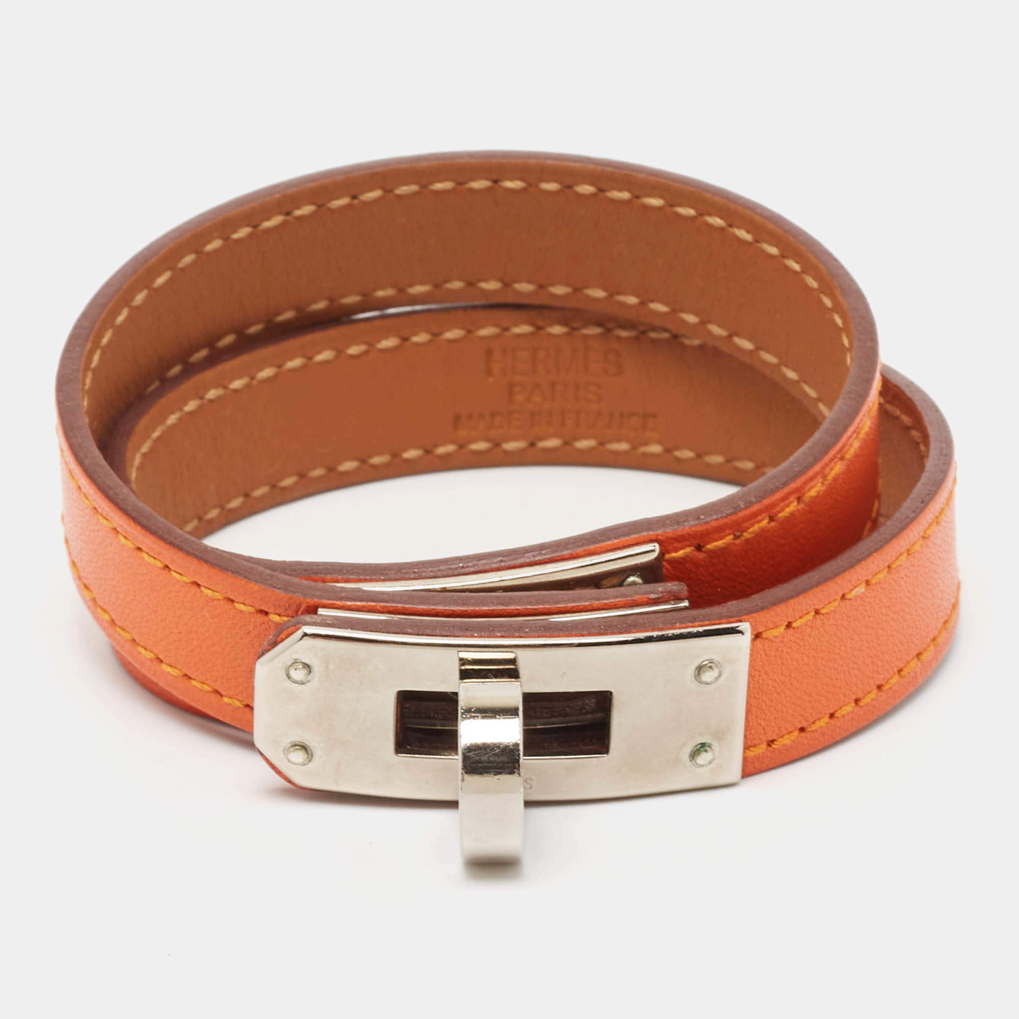Pre Owned Hermes Kelly Leather Palladium Plated Double Tour Bracelet