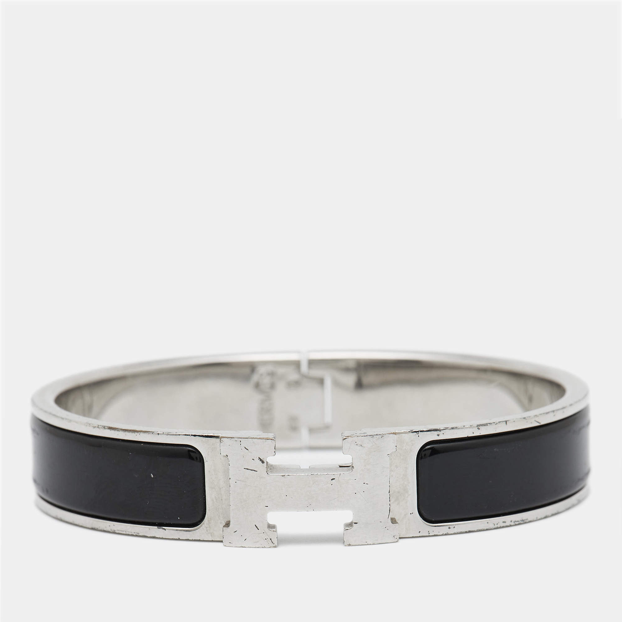 Hermes Clic H Black Enamel Palladium Plated Bracelet