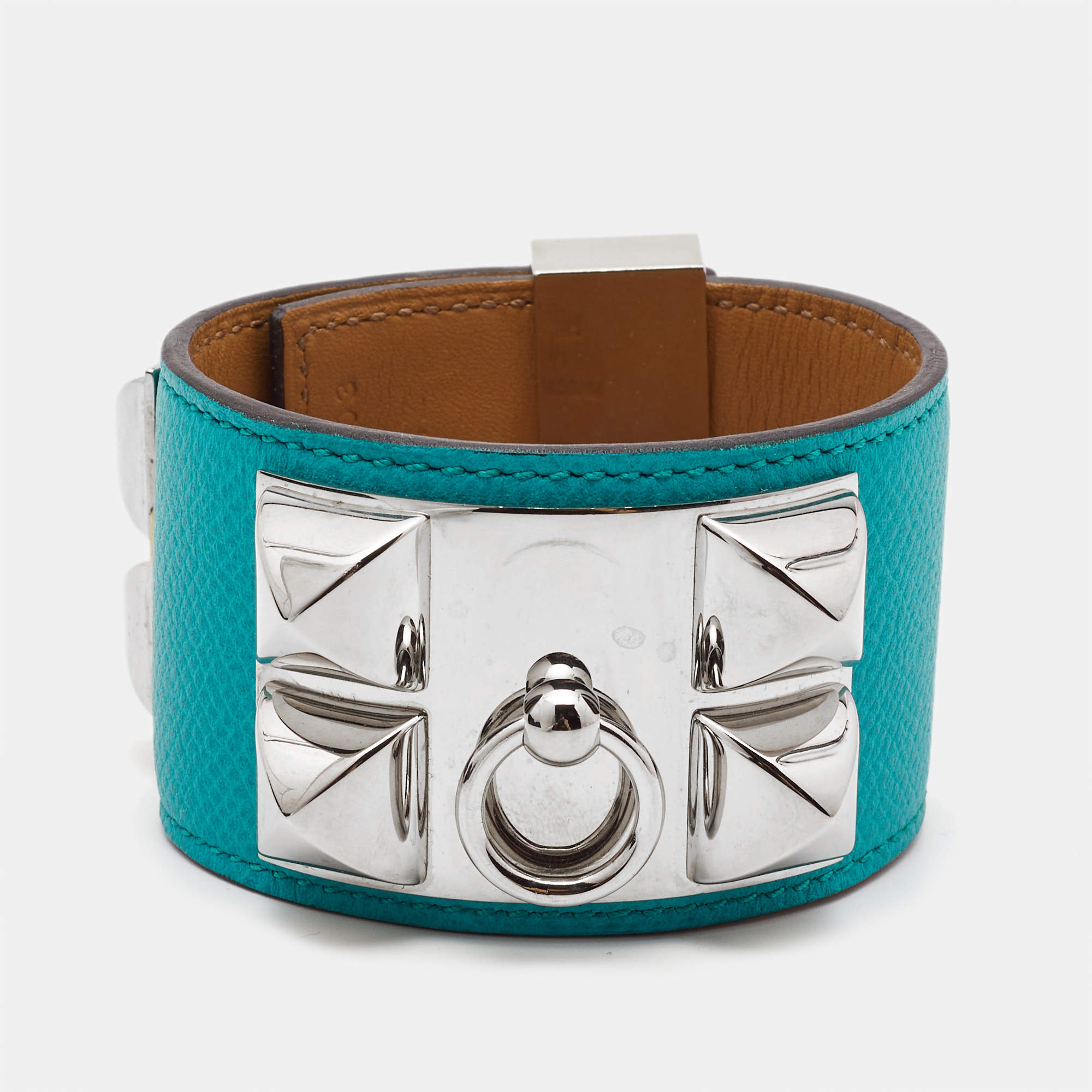 Pre Owned Hermes Collier de Chien Leather Palladium Plated Wide Bracelet