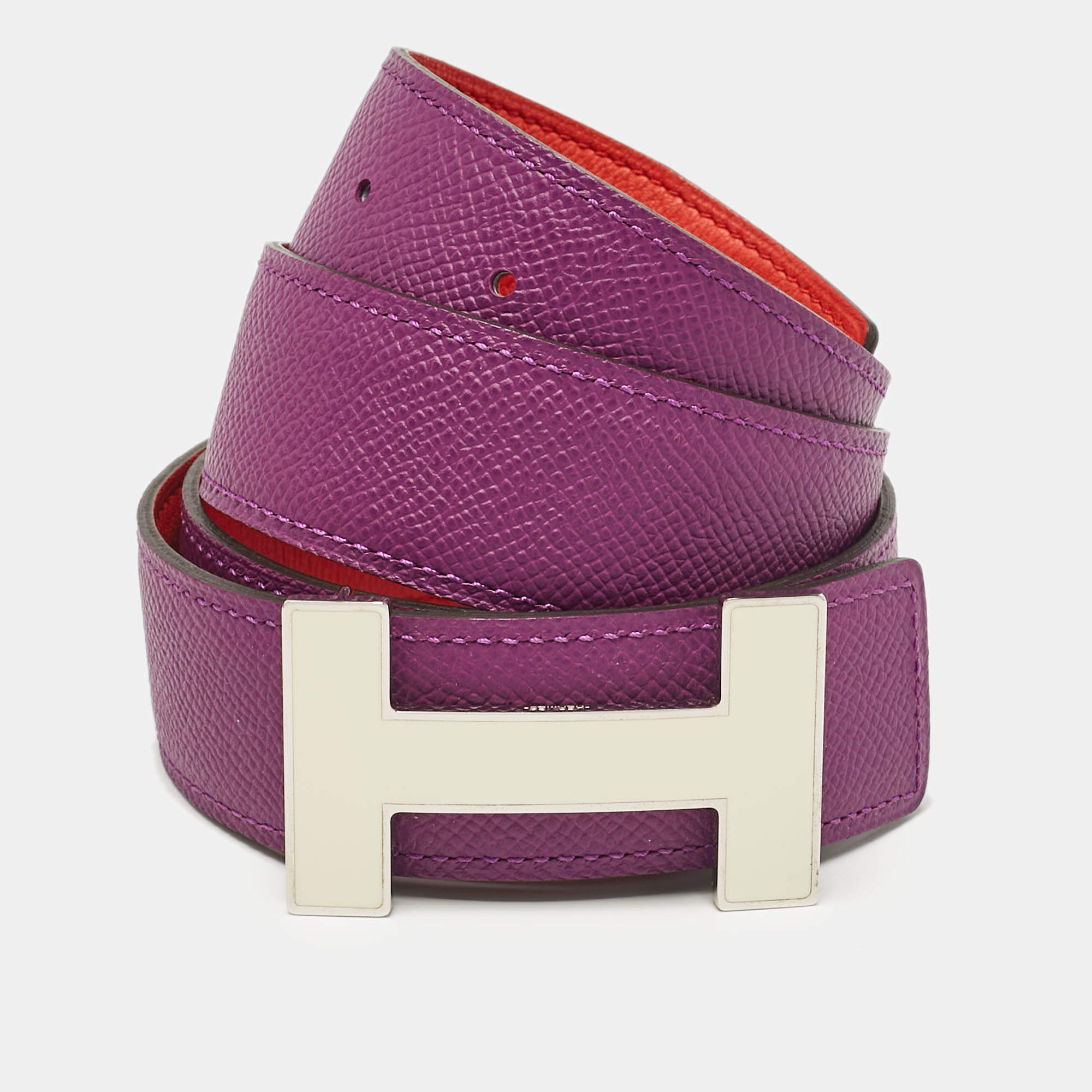 Hermes Anemone/Capucine Epsom and Swift Leather Enamel Quizz H Buckle Belt 85 CM