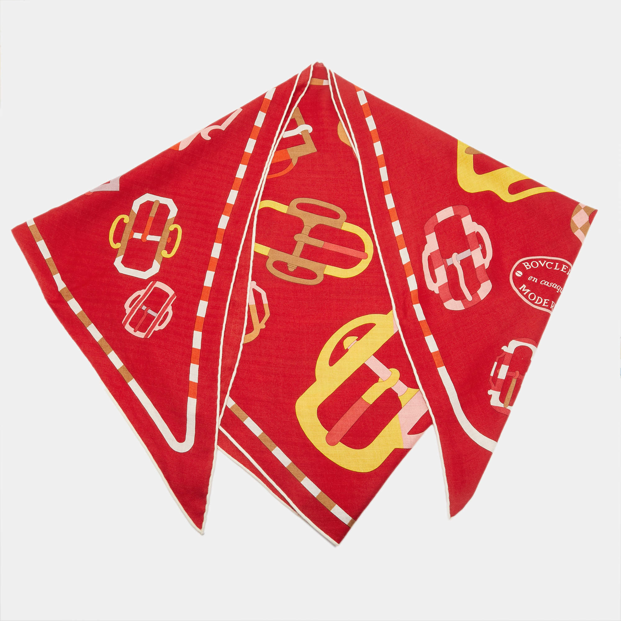 Hermès Red Printed Cashmere Blend Bouclerie Moderne en Casaques Giant Triangle Scarf