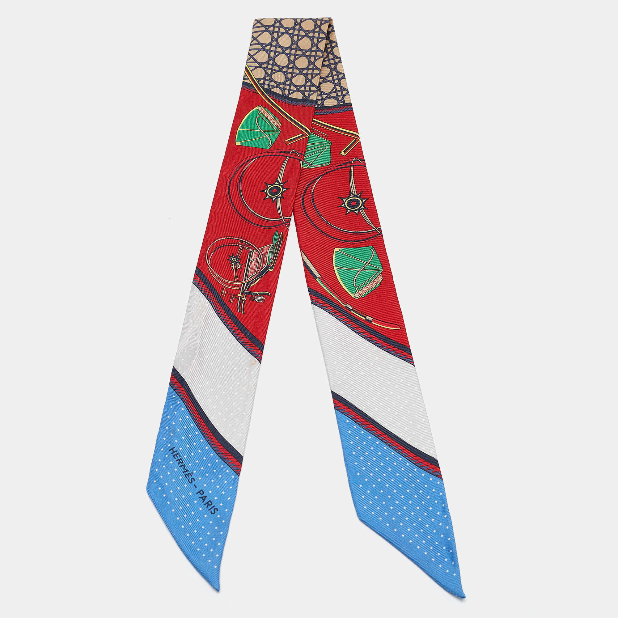 Hermes Red Printed Silk Les Voitures A Transformation Twilly