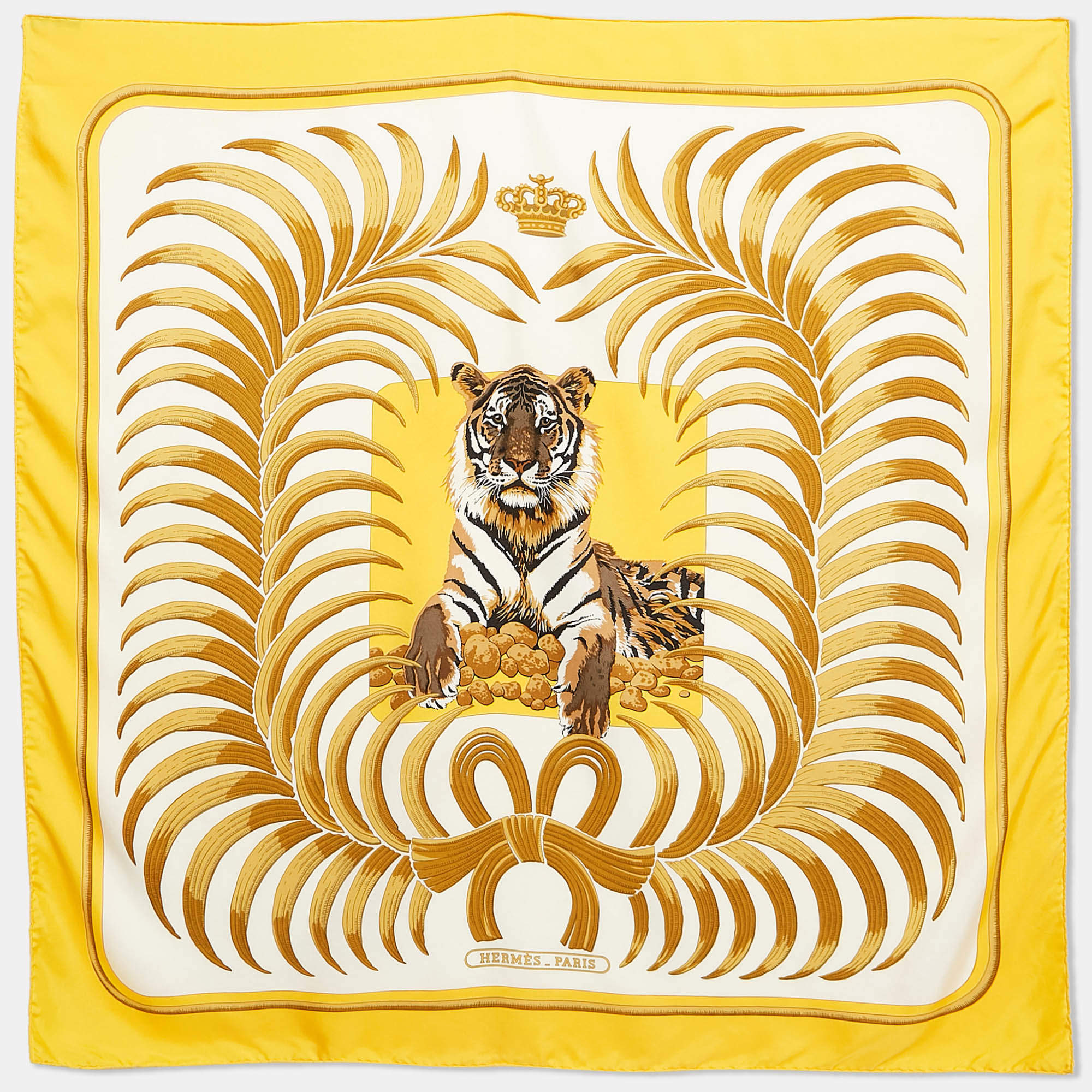 Hermès White/Gold Tiger Royal Print Silk Square Scarf