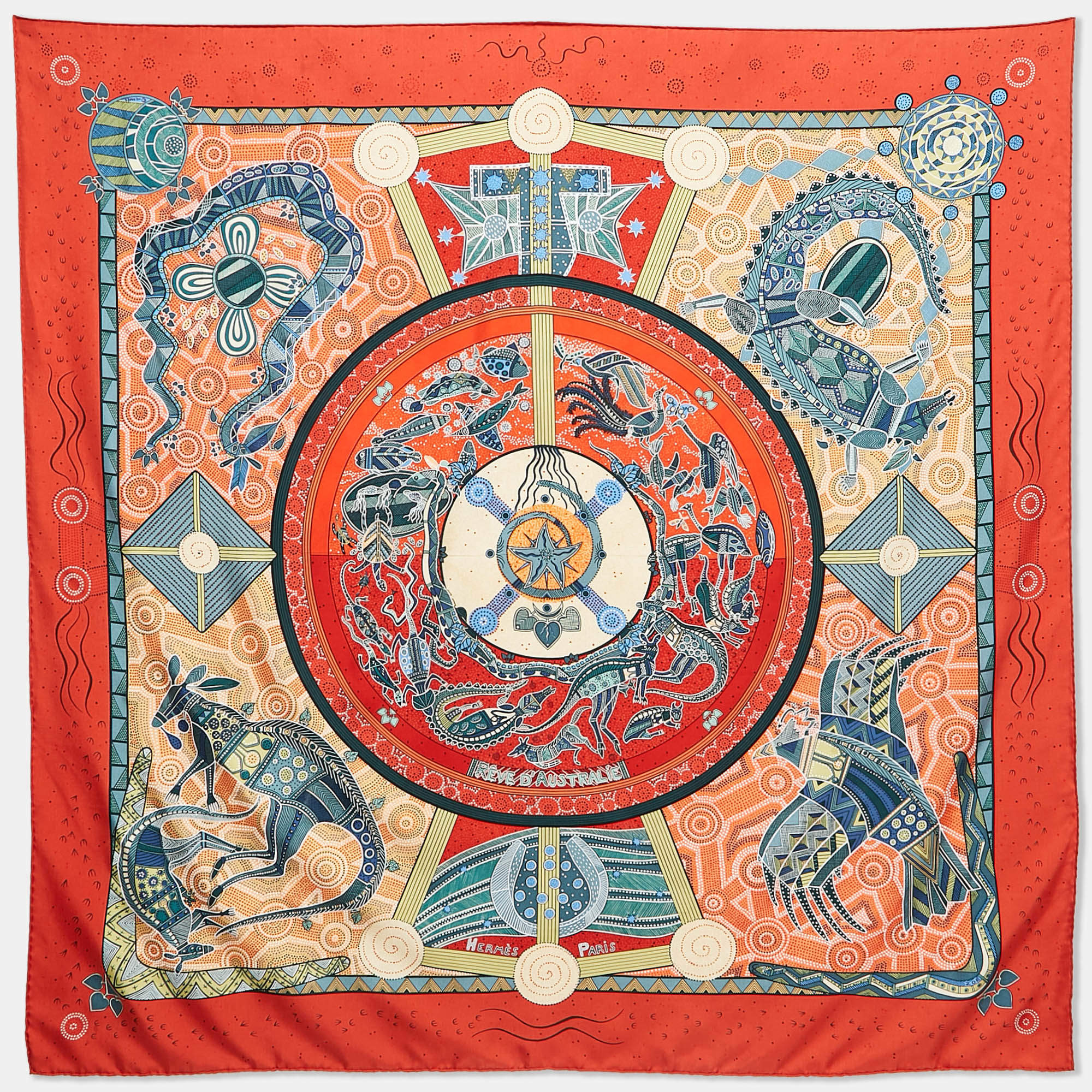 Hermès Red Printed Silk  Reve d'Australie Square Scarf