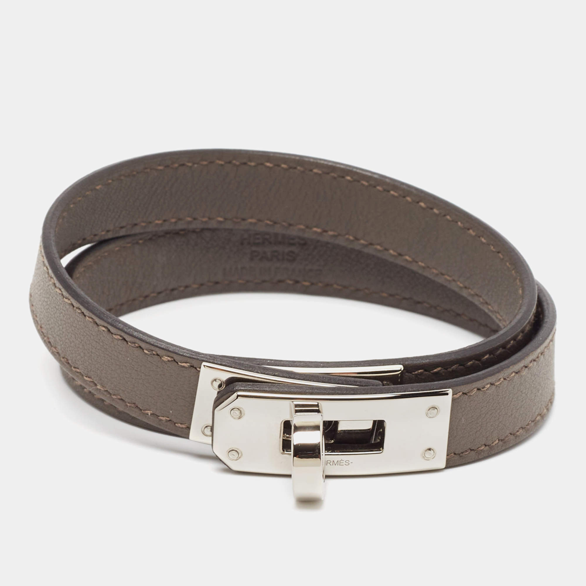 Hermès Kelly Double Tour Leather Palladium Plated Wrap Bracelet