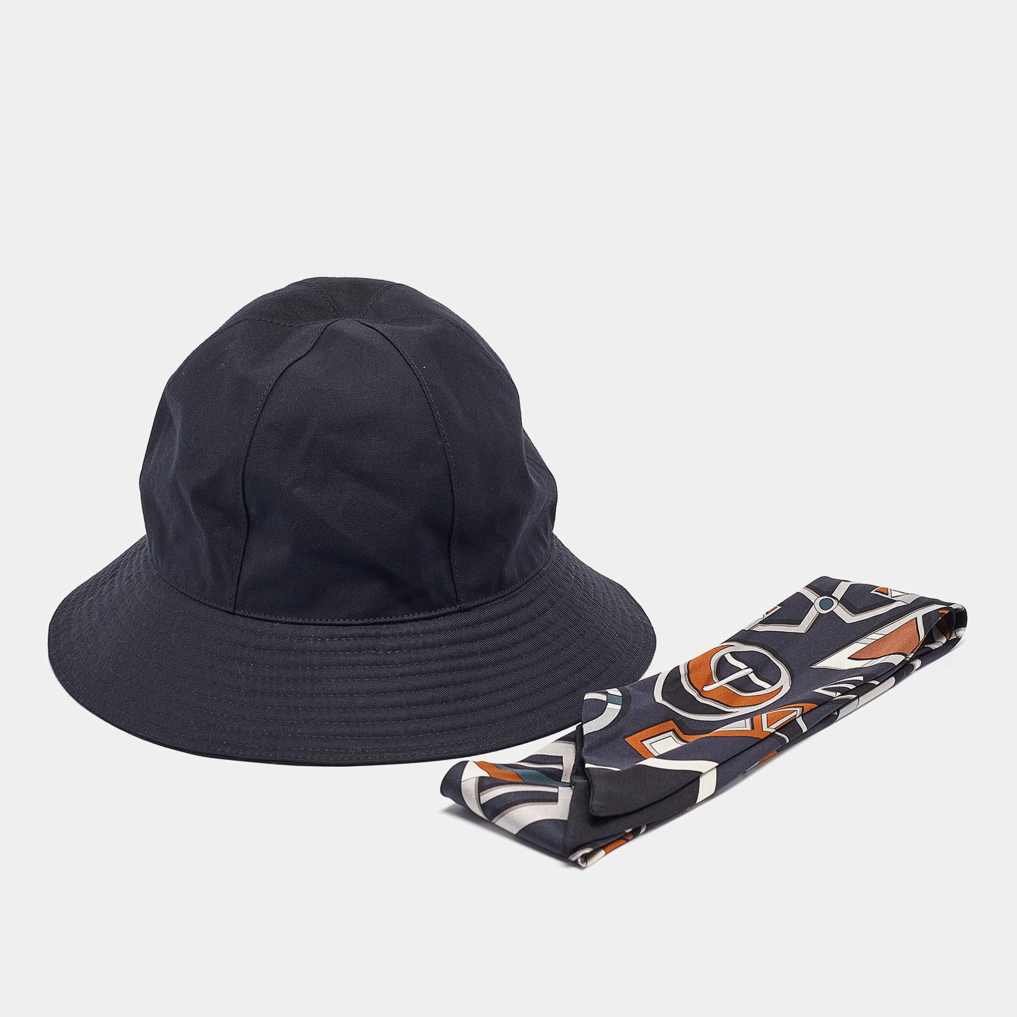 Pre Owned Hermes Black Gabardine and Printed Silk Twilly Bucket Hat