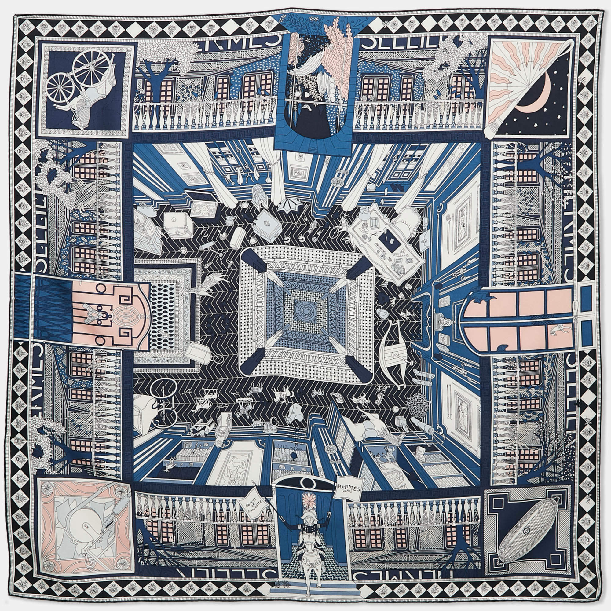 Pre Owned Hermès Blue Printed Silk Objets de Curiosite Scarf 