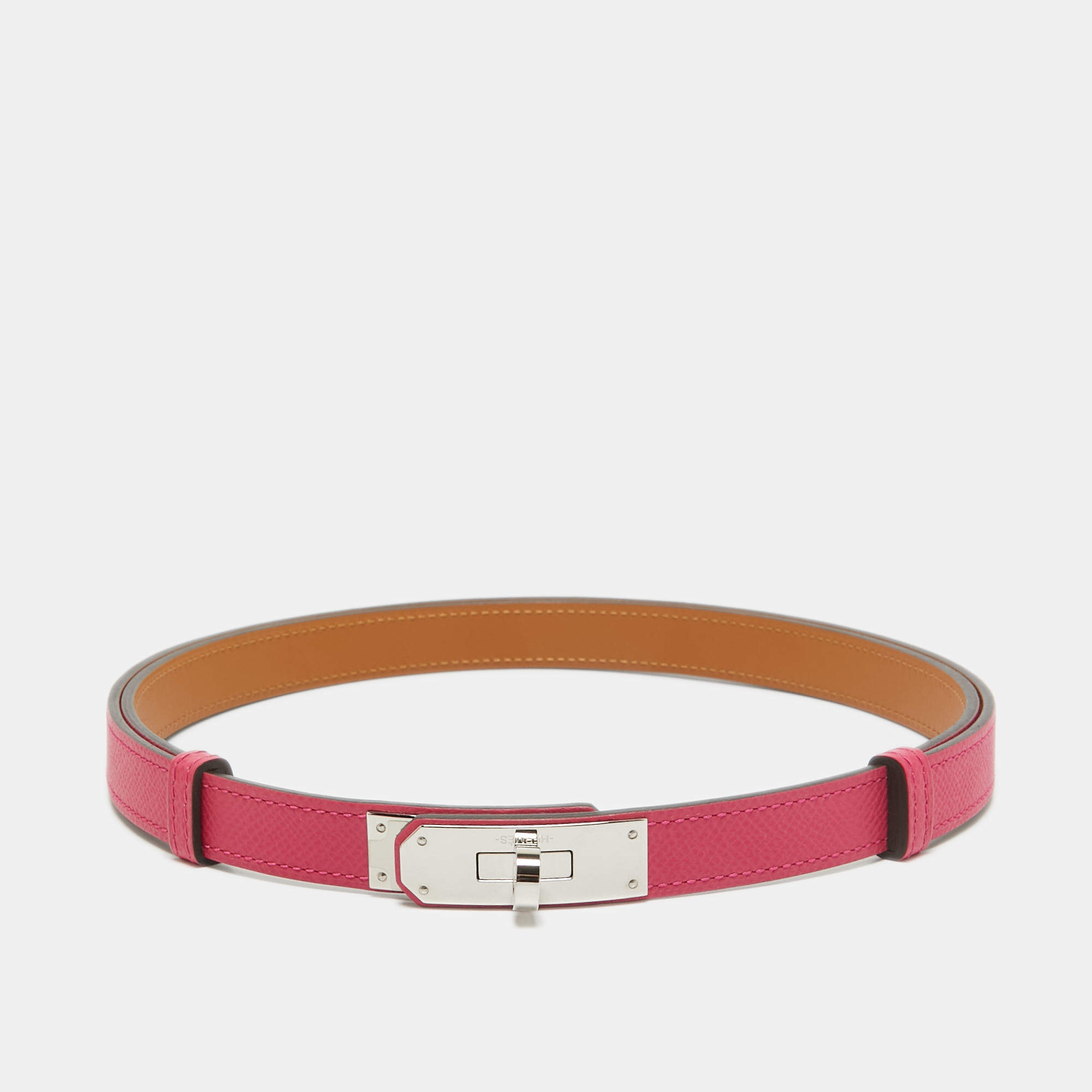 Pre Owned Hermes Rose Mexico Epsom Leather Palladium Finish Kelly 18 Belt Adjustable