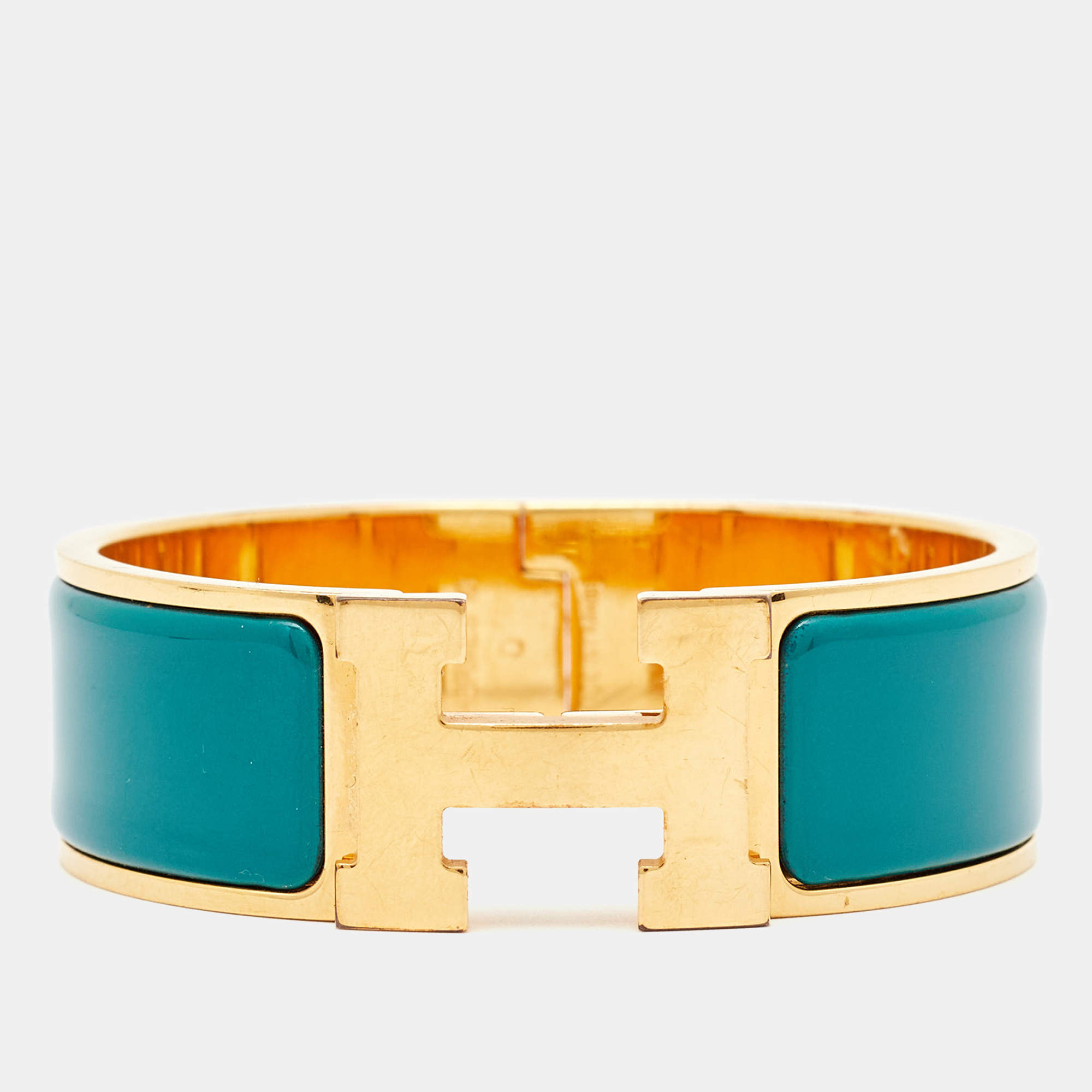 Hermès Clic H Green Enamel Gold Plated Bracelet