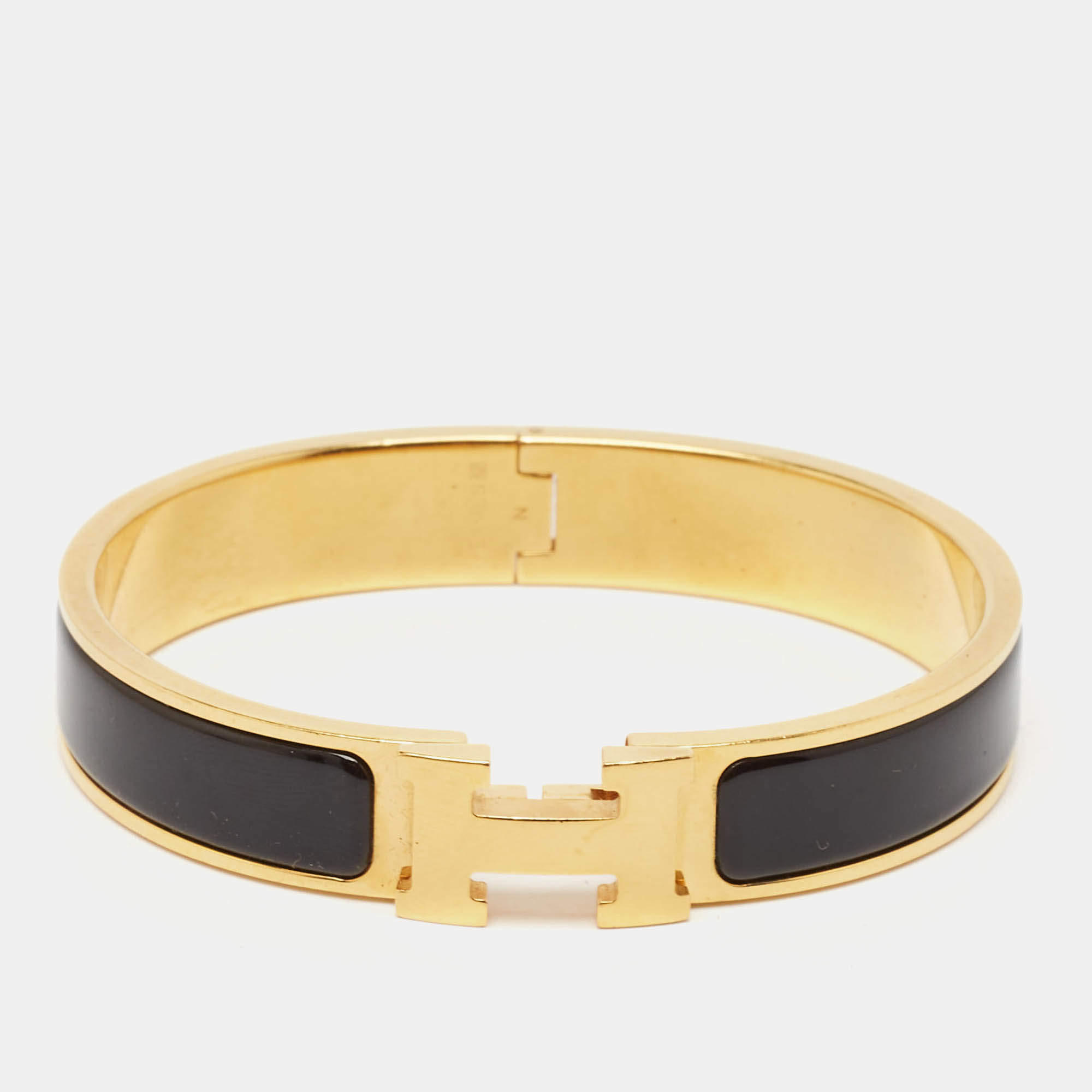 Pre Owned Hermès Clic H Black Enamel Gold Plated Bracelet