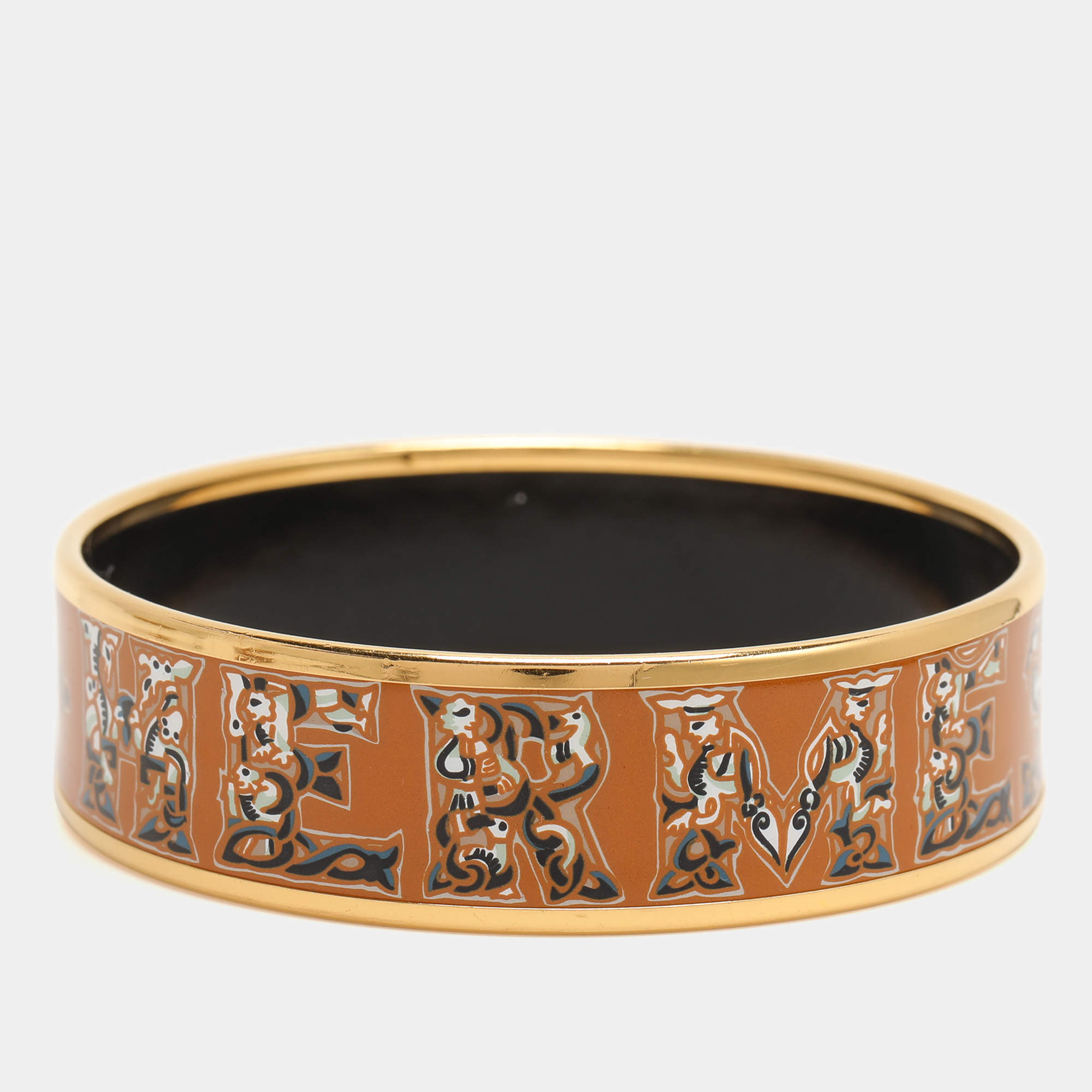 Hermes Brown Alphabet Russe Enamel Gold Plated Wide Bangle Bracelet