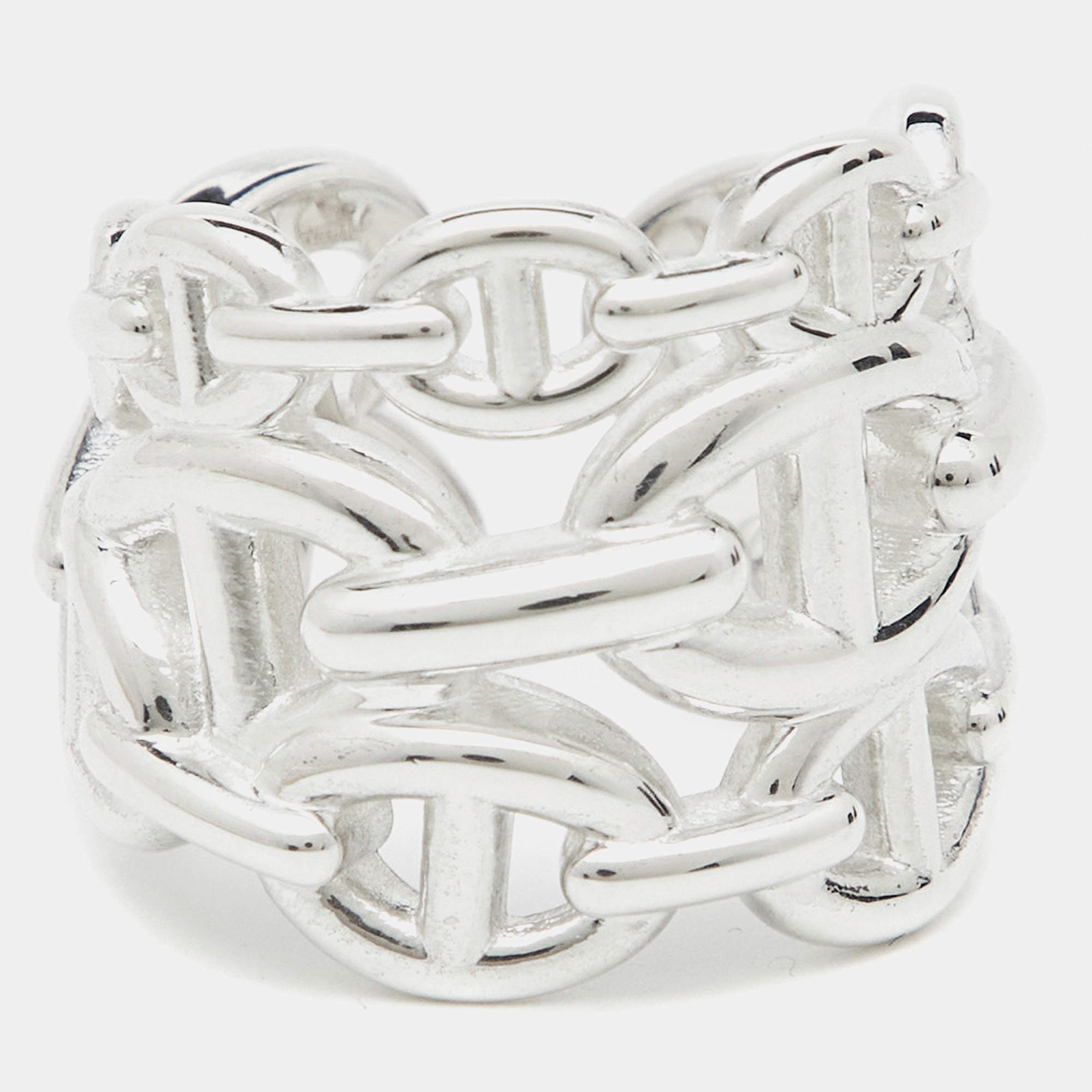 Pre Owned Hermes Chaine d'ancre Enchainee Sterling Silver Wide Open Band Ring 51