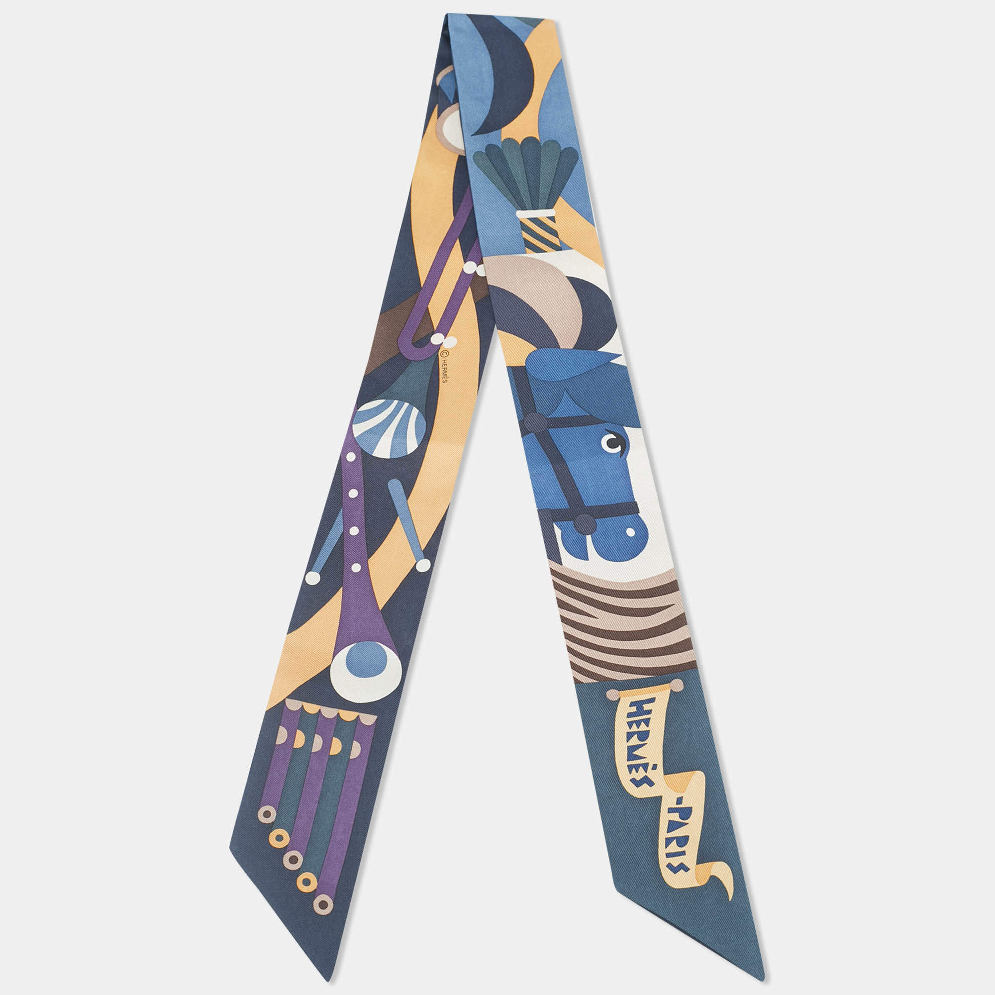 مملوكة مسب قًا Hermes Ardoise / Bleu Jean Silk Parade en Fanfare Twilly