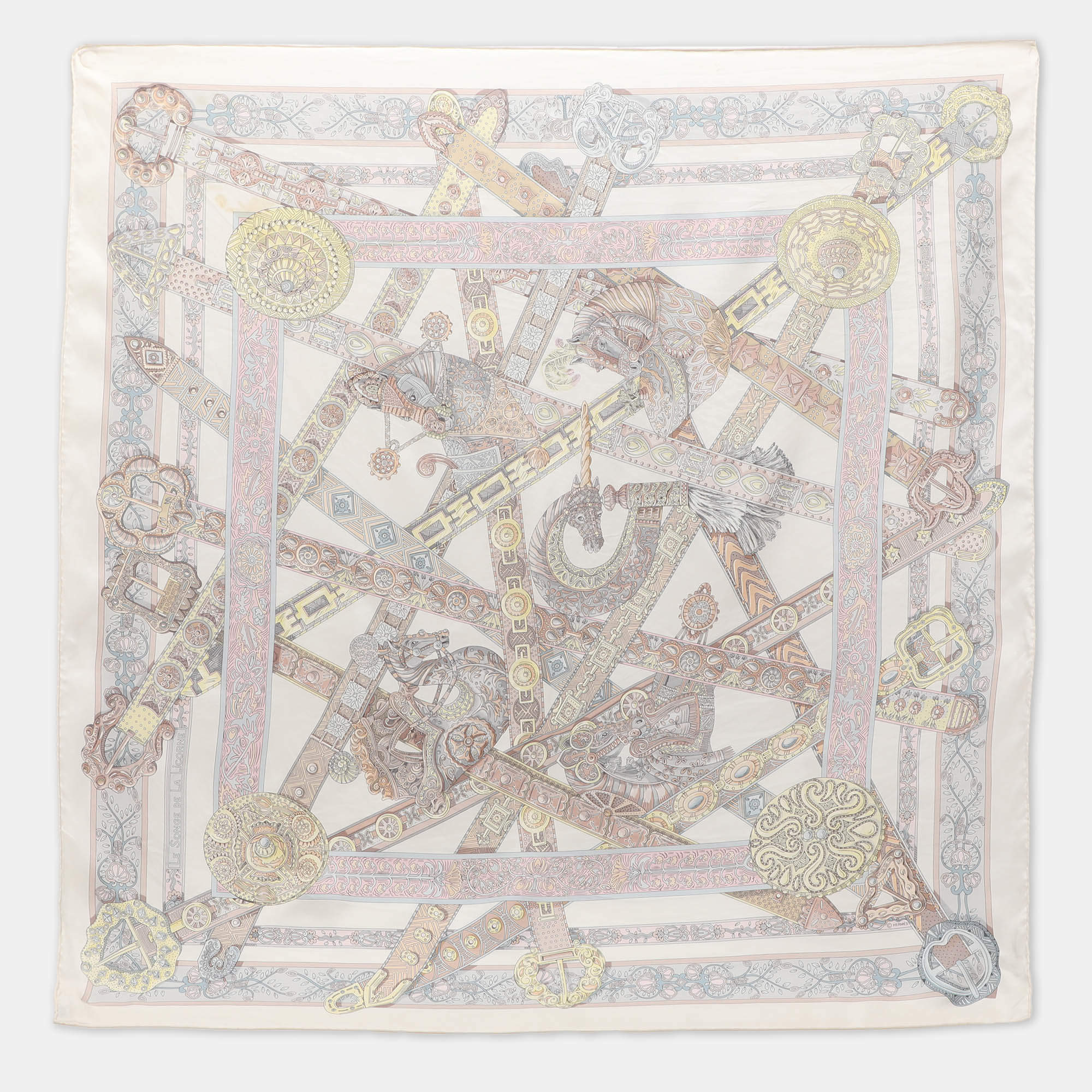 Pre Owned Hermes Cream Le Songe De La Licorne Printed Silk Scarf