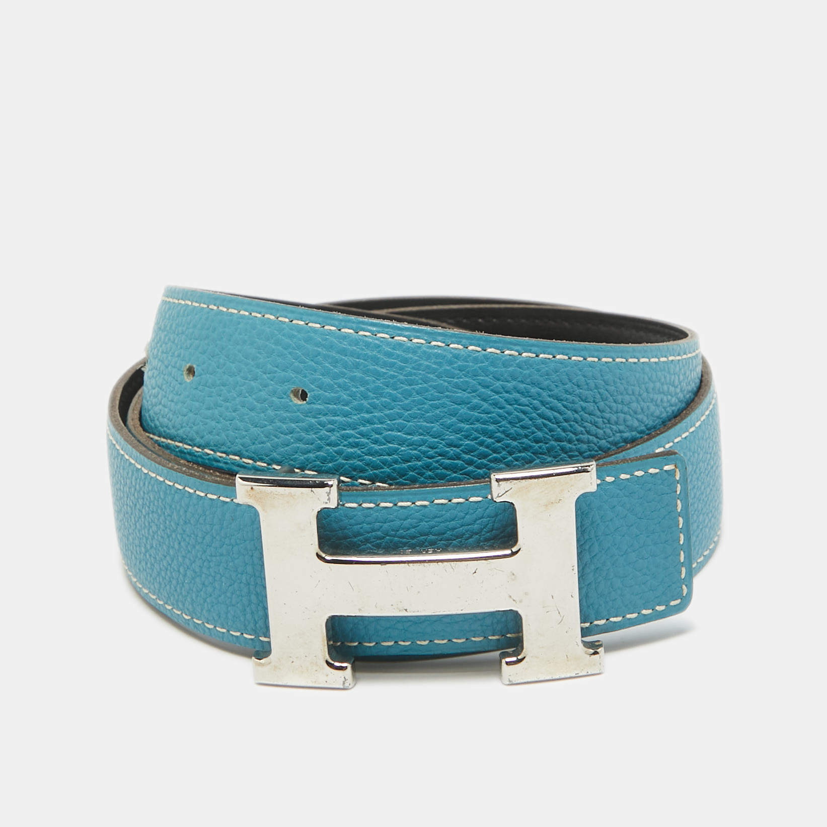 Hermes Bleu Jean/Noir Togo and Chamonix Leather H Buckle Reversible Belt 78 CM