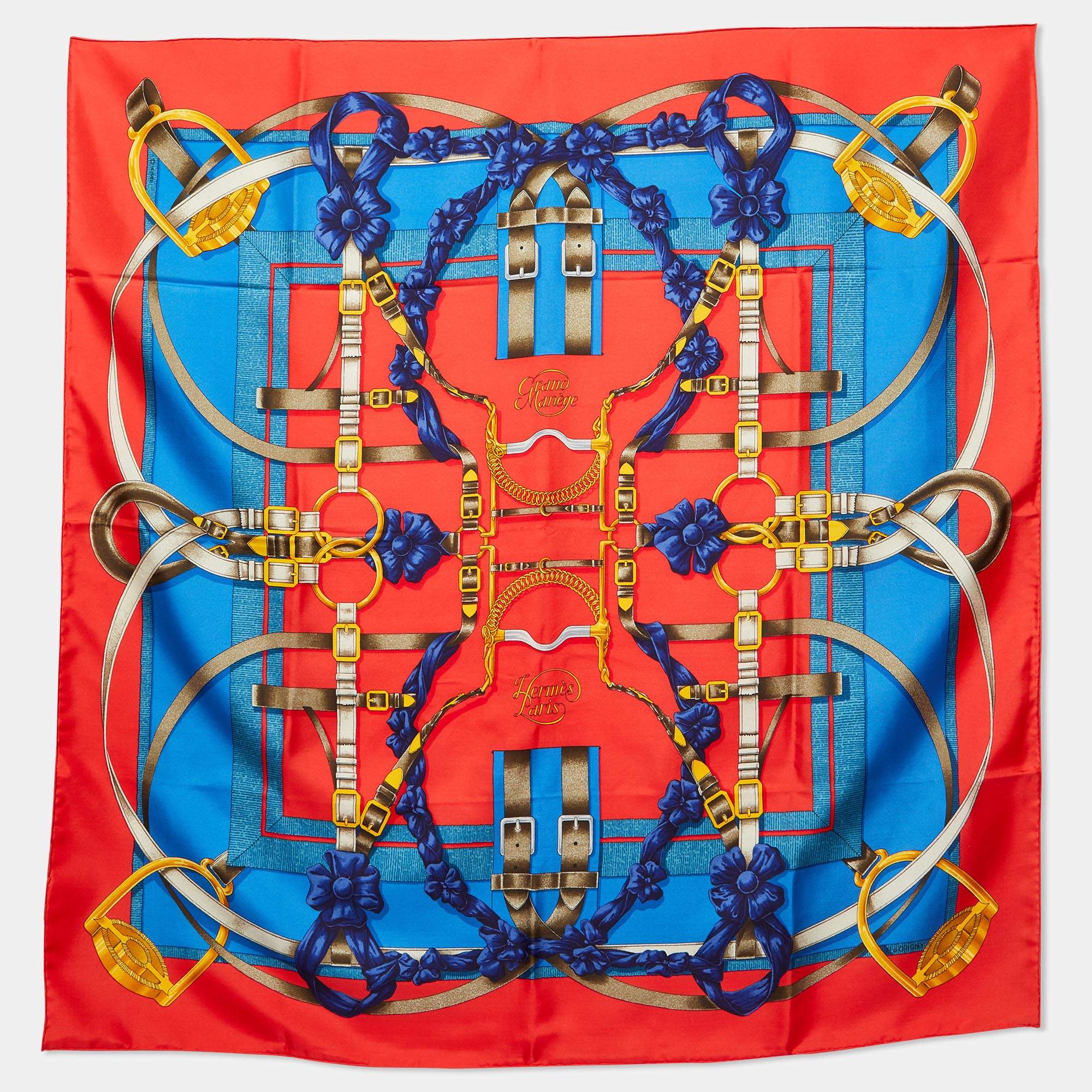 Pre Owned Hermes Red Grand Manege Silk Scarf