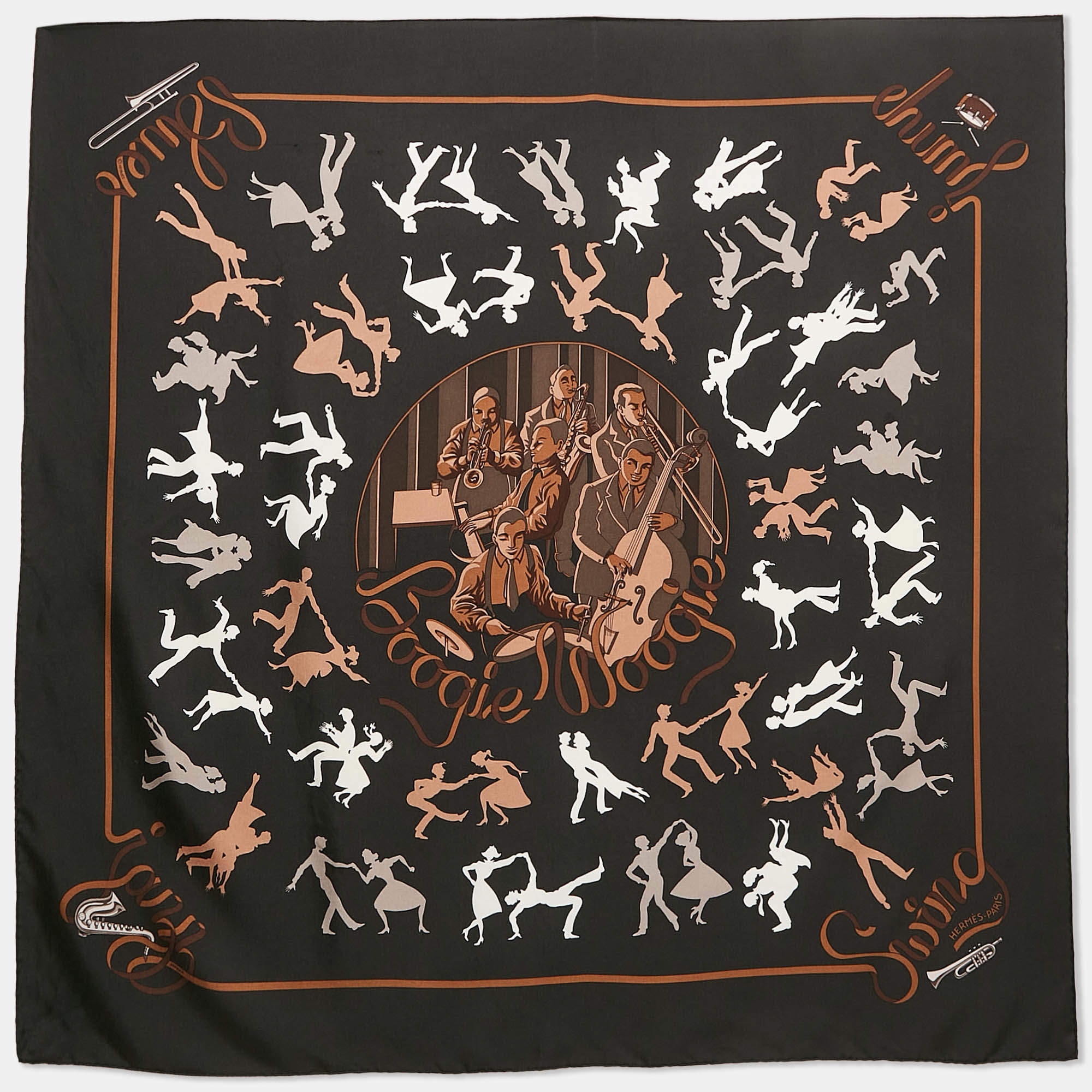 Hermes Black Print Silk Boogie Woogie Scarf 