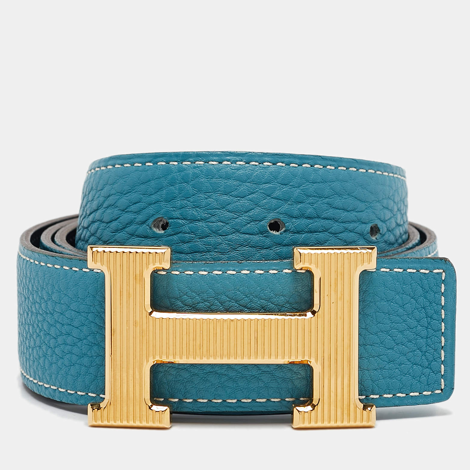 Pre Owned Hermes Bleu Jean/Noir Togo and Chamonix Leather H Striee Buckle Reversible Belt 85 CM