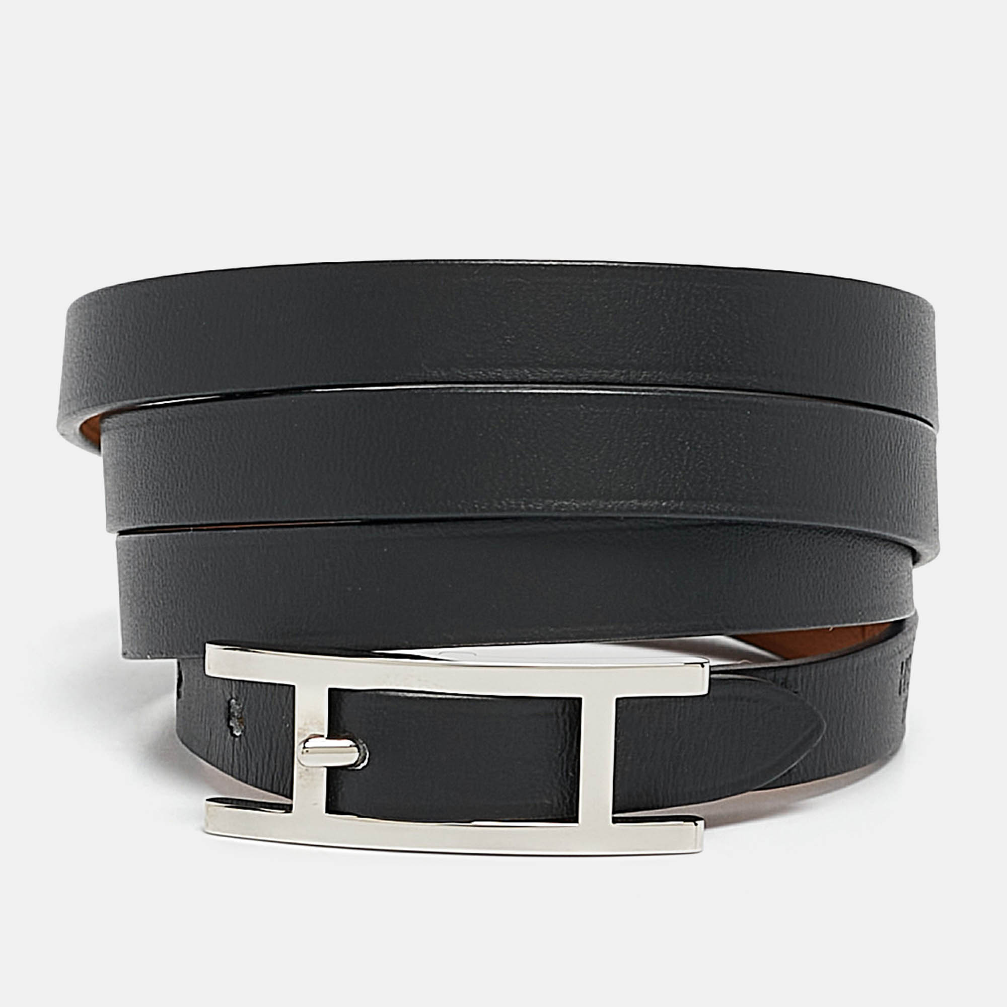 Pre Owned Hermes Hapi  Black Leather Palladium Plated 4 Quad Tour Bracelet