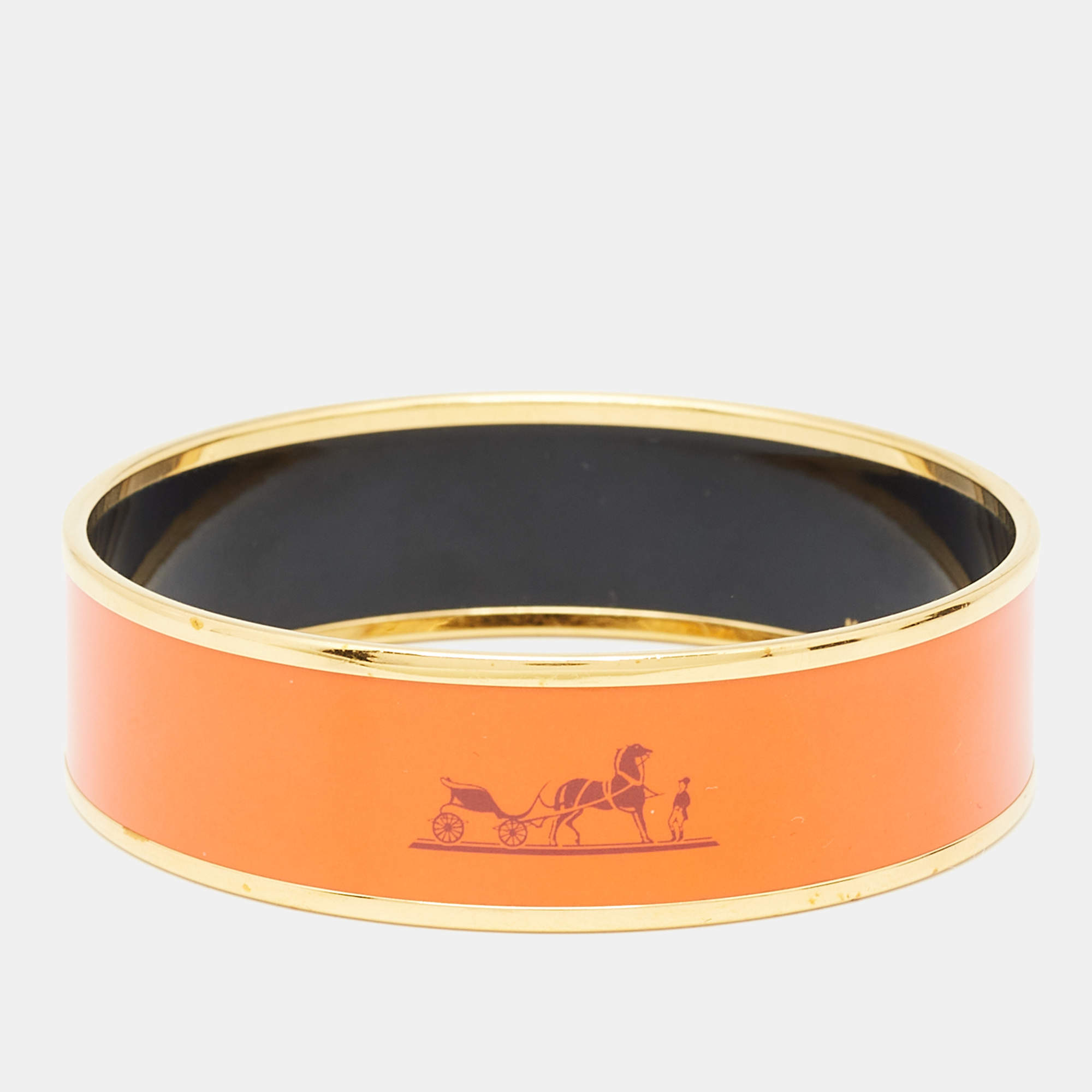Hermès Orange Enamel Printed Caleche Gold Tone Wide Bracelet