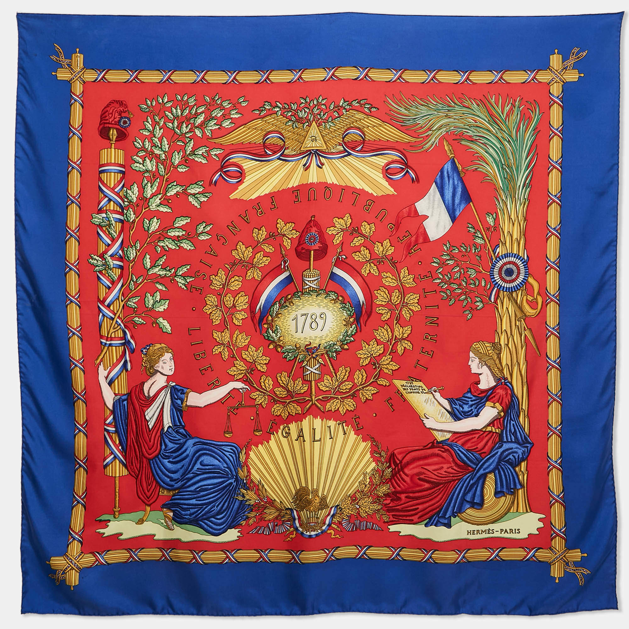 Hermès Blue/Red Silk Liberte Egalite Fraternite Republique Francaise Scarf 