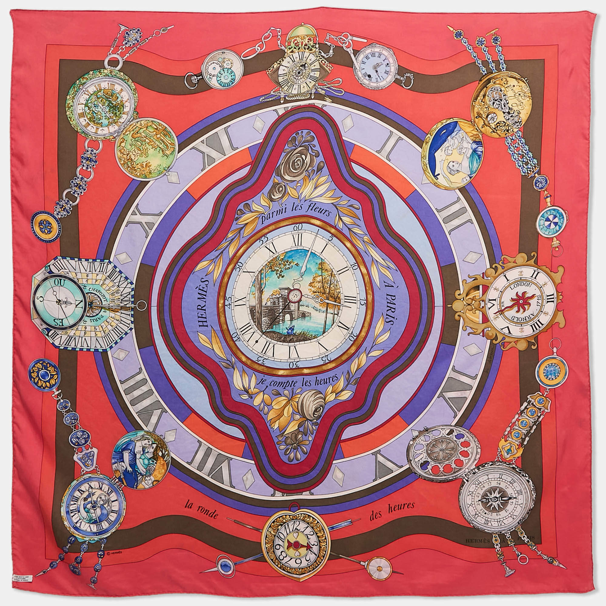 Pre Owned Hermès Pink Silk La Ronde Des Heures Scarf