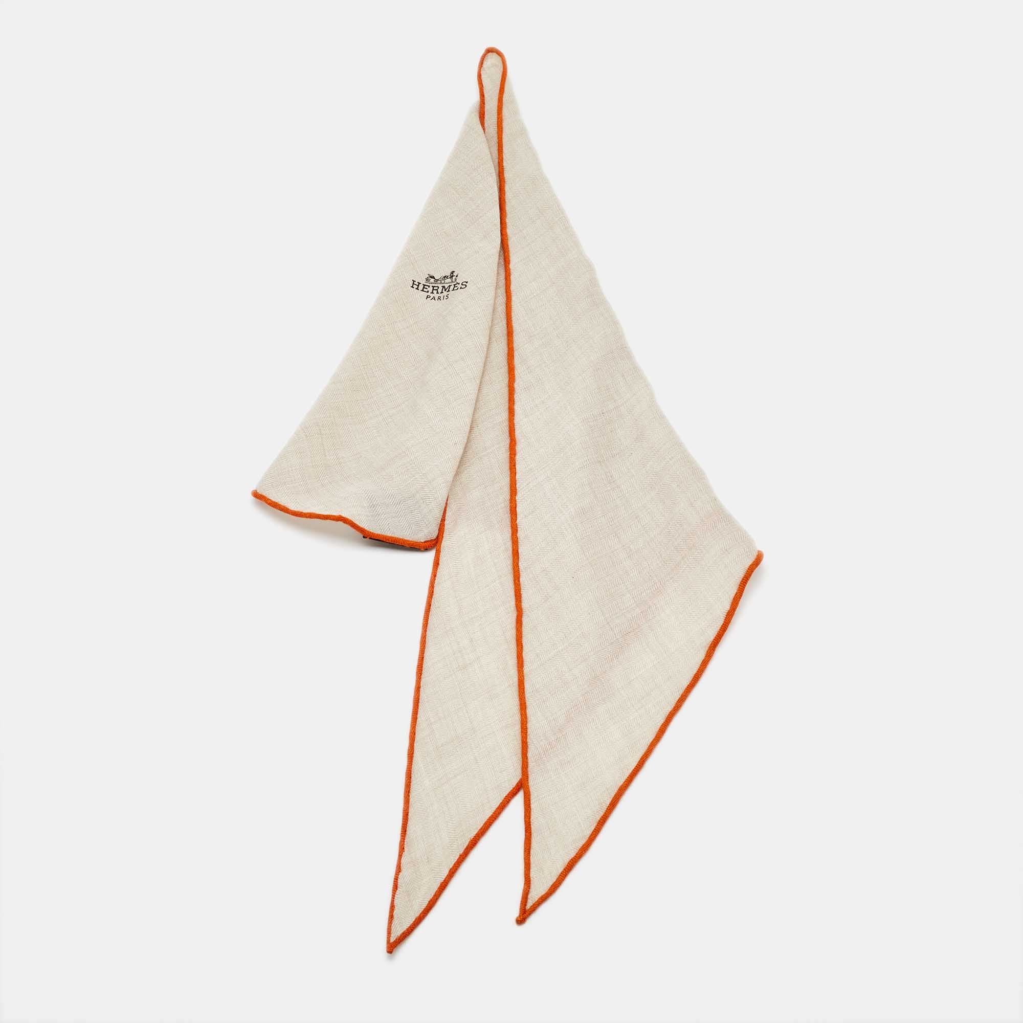 Pre Owned Hermès Beige Silk Contrast Edged Logo Print Mini Losange Scarf
