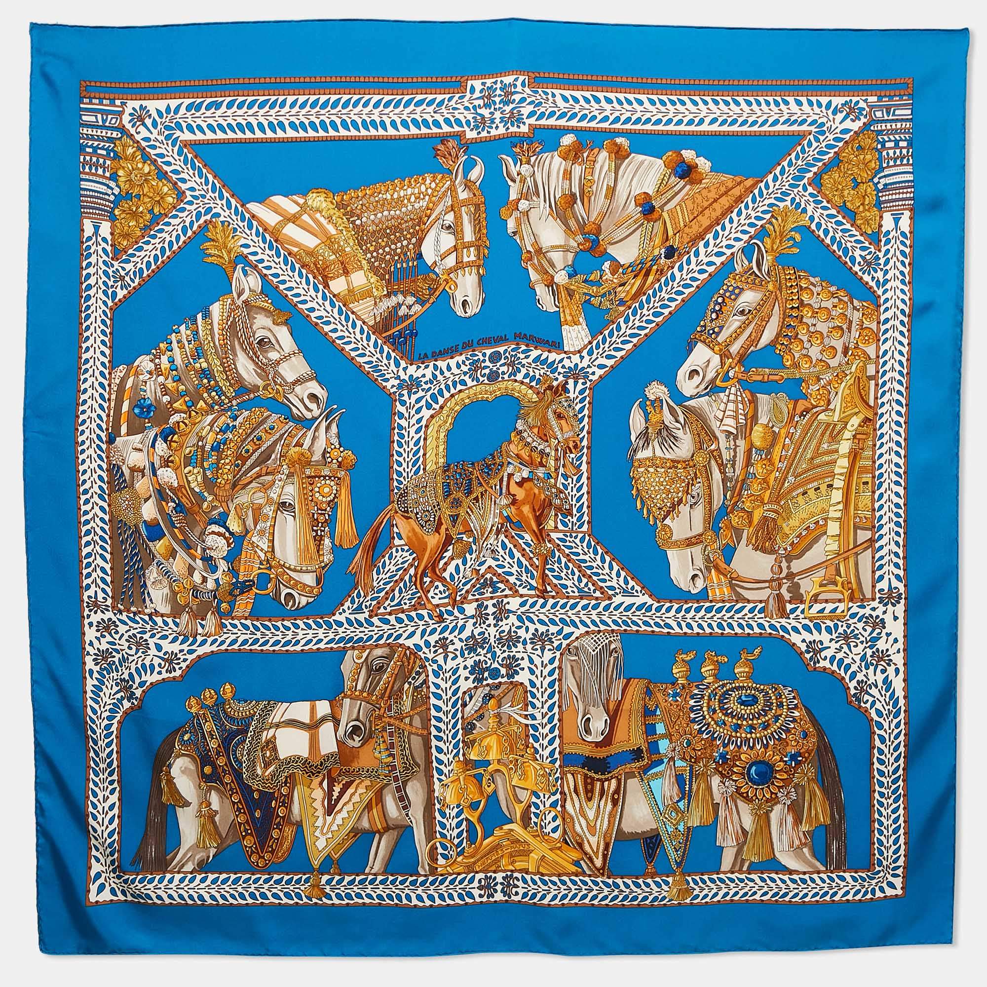 Pre Owned Hermès Blue Silk La Danse du Cheval Marwari Scarf