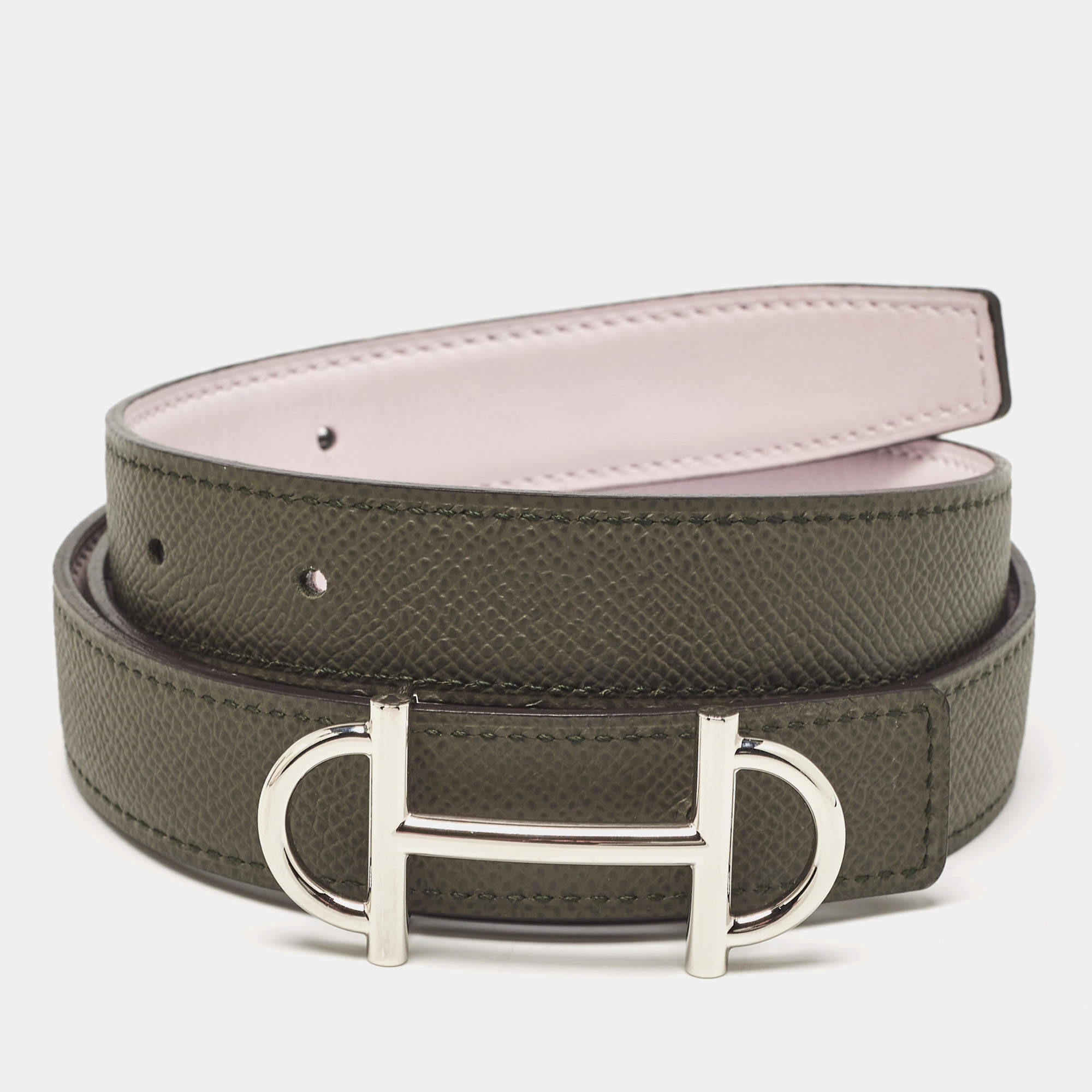 Pre Owned Hermes Vert De Gris/Mauve Pale Epsom and Swift Leather Gamma Buckle Reversible Belt 80 CM
