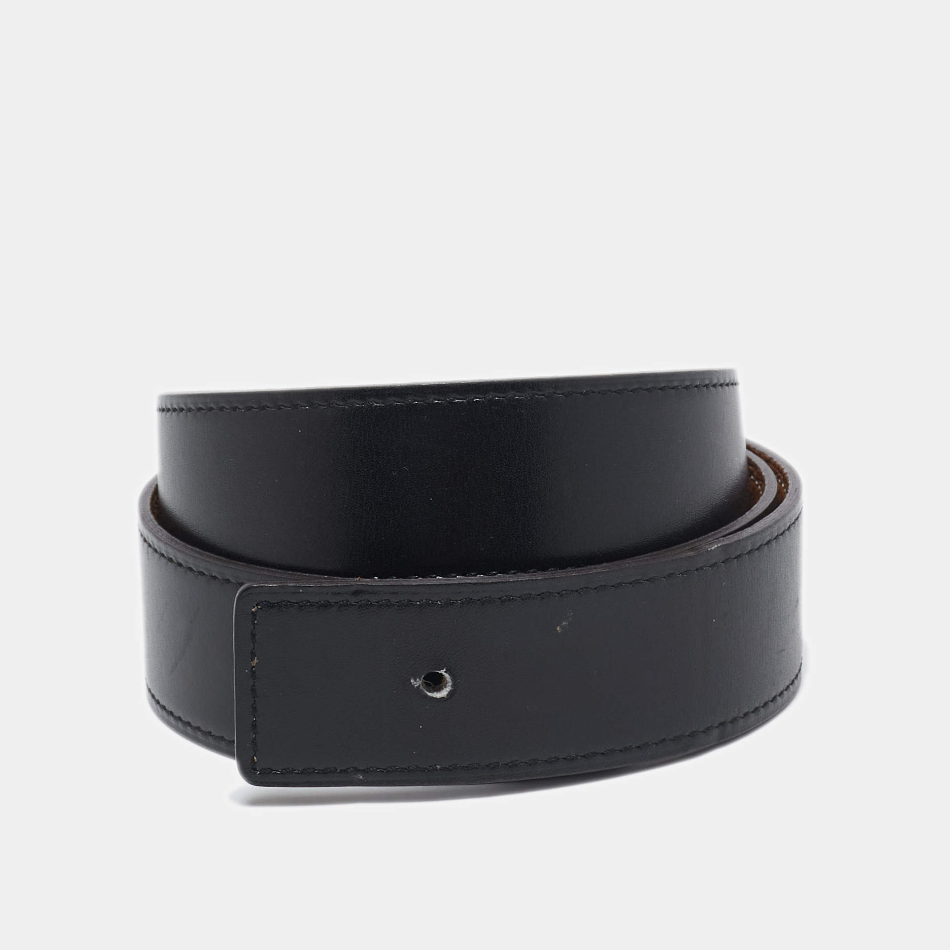 Pre Owned Hermès Noir/Gold Box and Togo Leather Reversible Belt Strap 85 CM