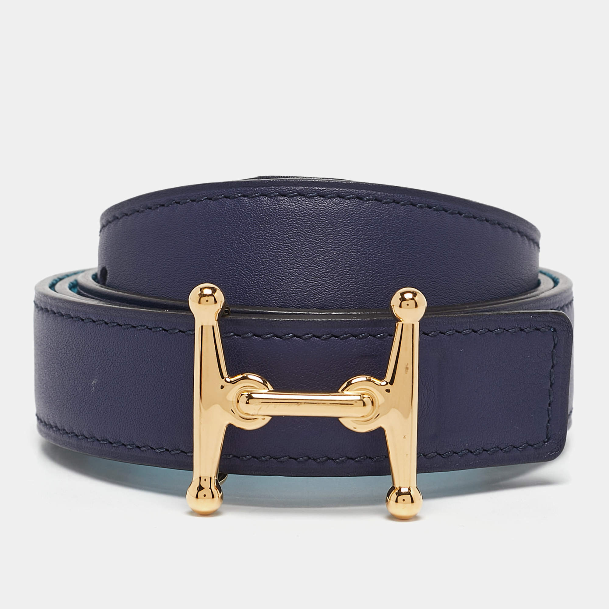 Hermes Bleu Du Nord/Bleu Encre Epsom and Swift Leather Mors H Buckle Reversible Belt 85 CM