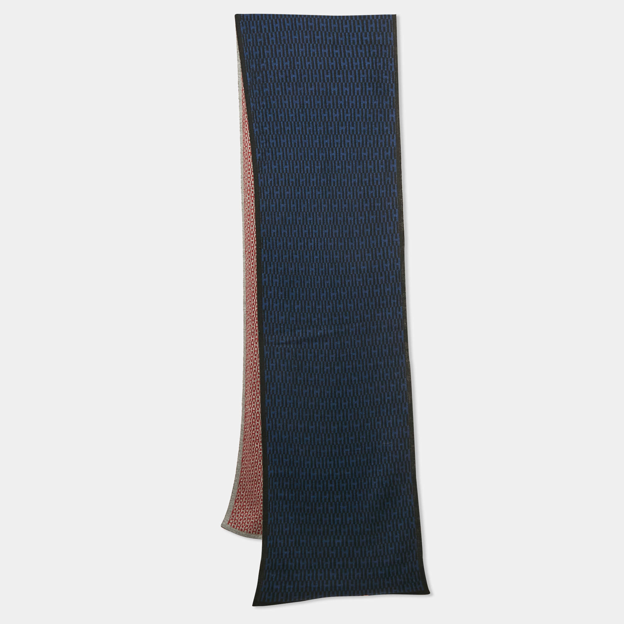 Hermes Black/Blue Logo Patterned Knit Cashmere Blend Muffler