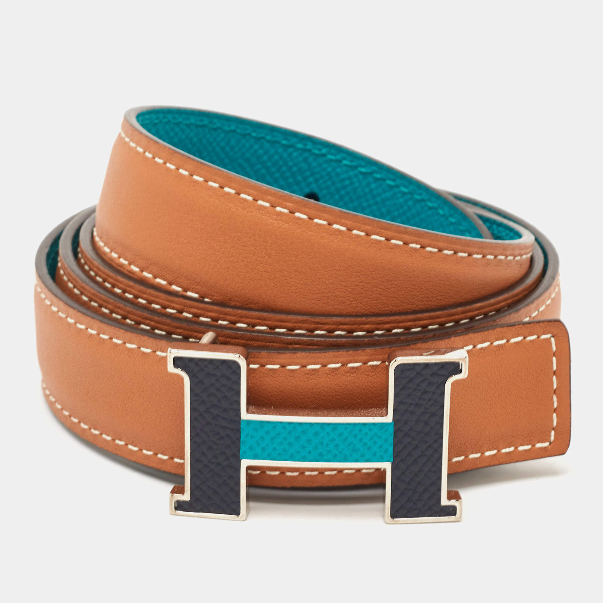 Hermès Vert Verone/Gold Epsom and Swift Leather Constance H Reversible Slim Belt 90 CM