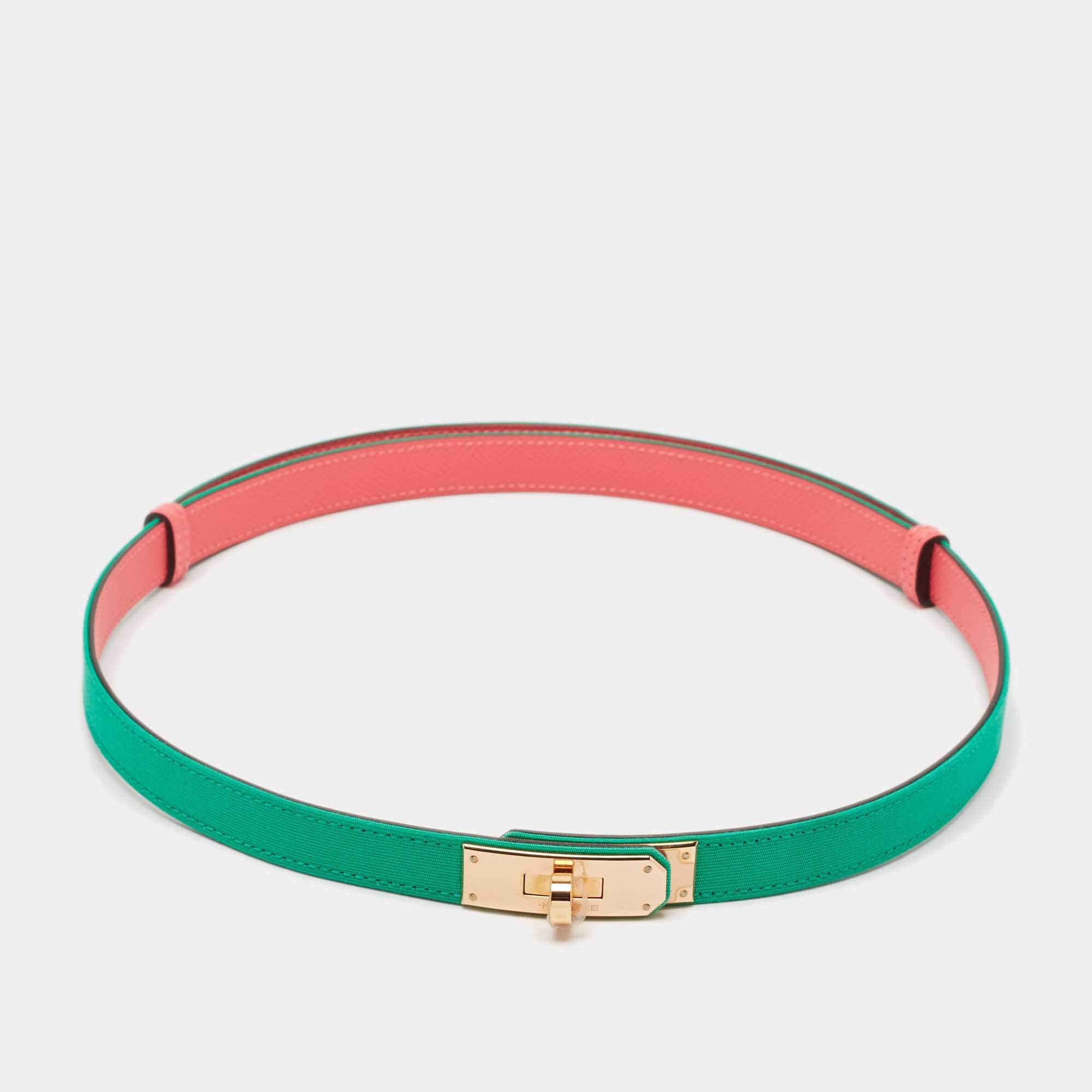 Pre Owned Hermes Menthe/Rose Azalee Toile Officier and Epsom Leather Rose Gold Finish Kelly 18 Belt Adjustable