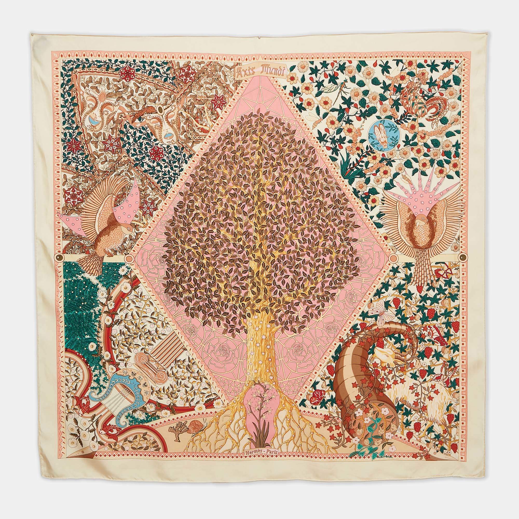 Pre Owned Hermes Pink Printed Silk Axis Mundi Scarf