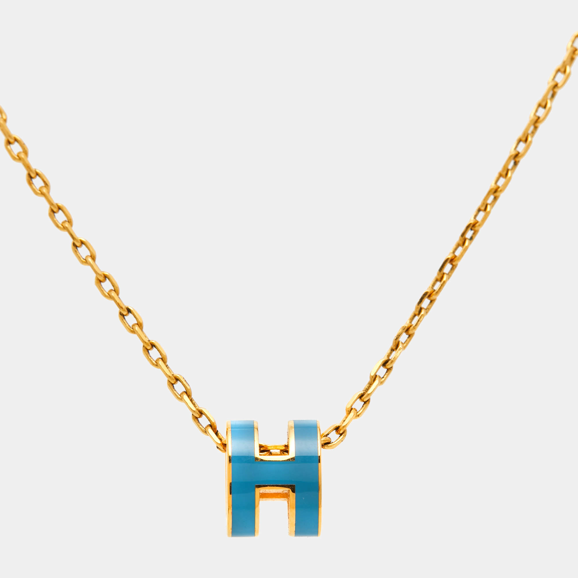 Hermes Mini Pop H Blue Enamel Gold Plated Pendant Necklace