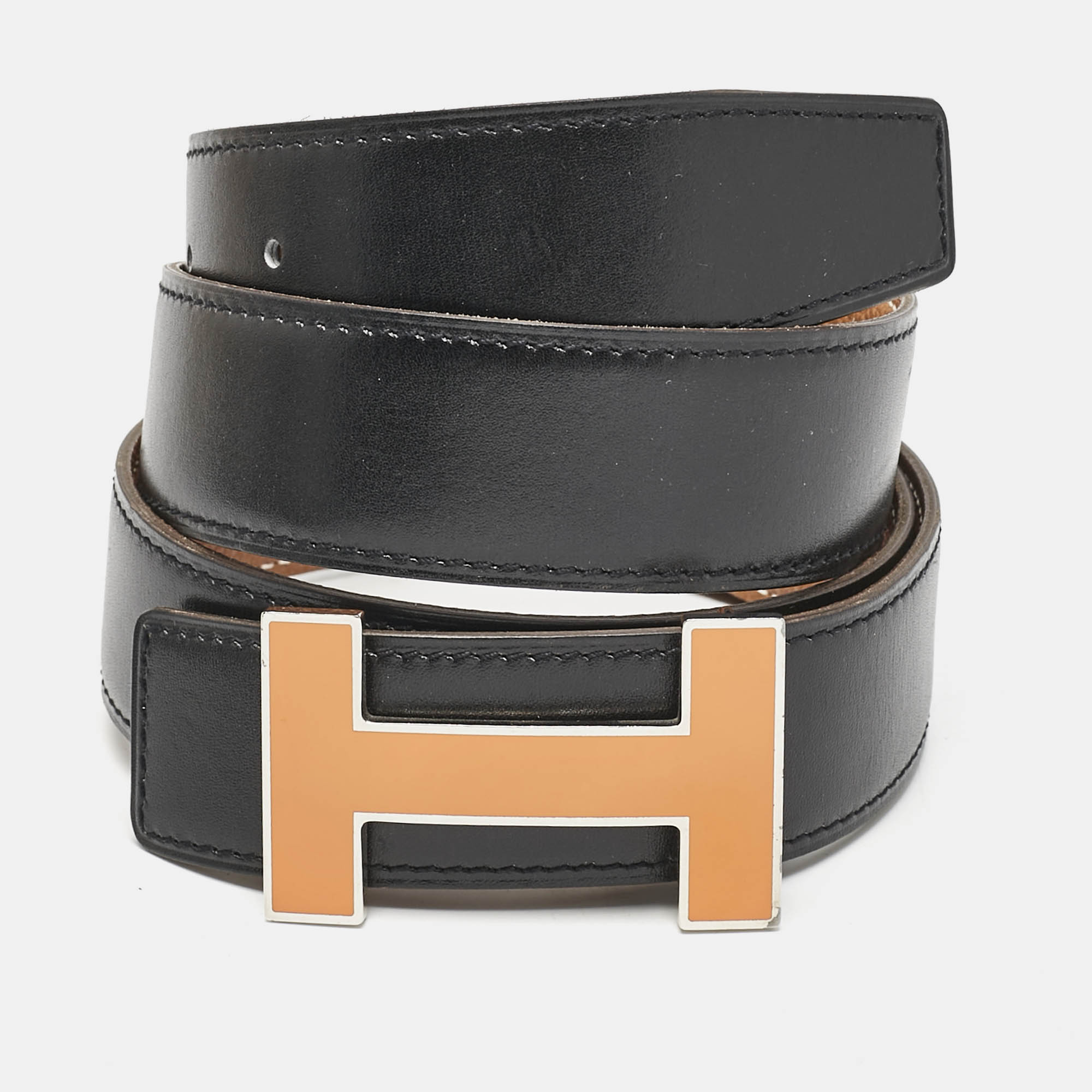 Hermes Black/Gold Box and Togo Leather Qiuzz H Reversible Belt 90CM