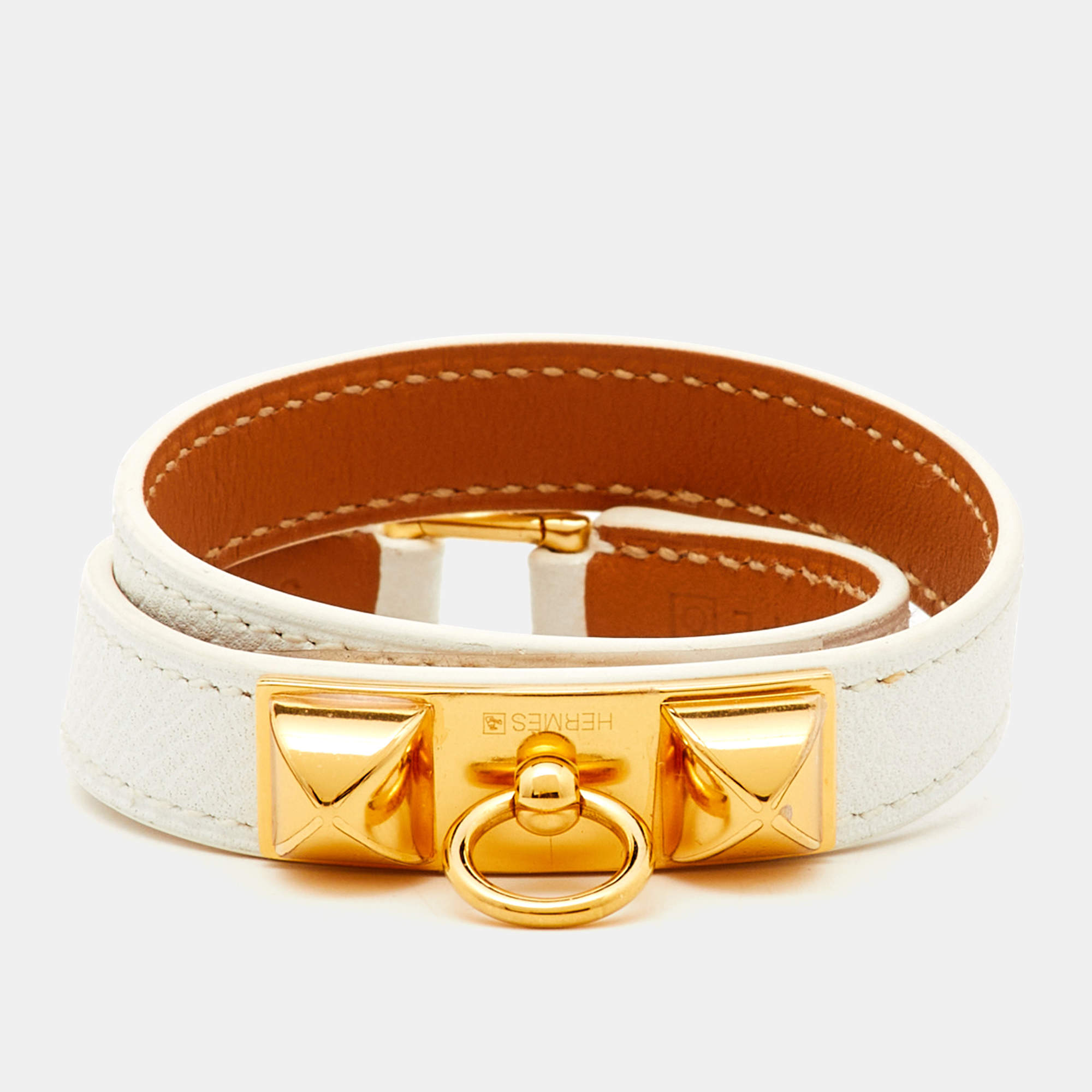 Pre Owned Hermès Rivale Double Tour White Leather Gold Plated Bracelet S