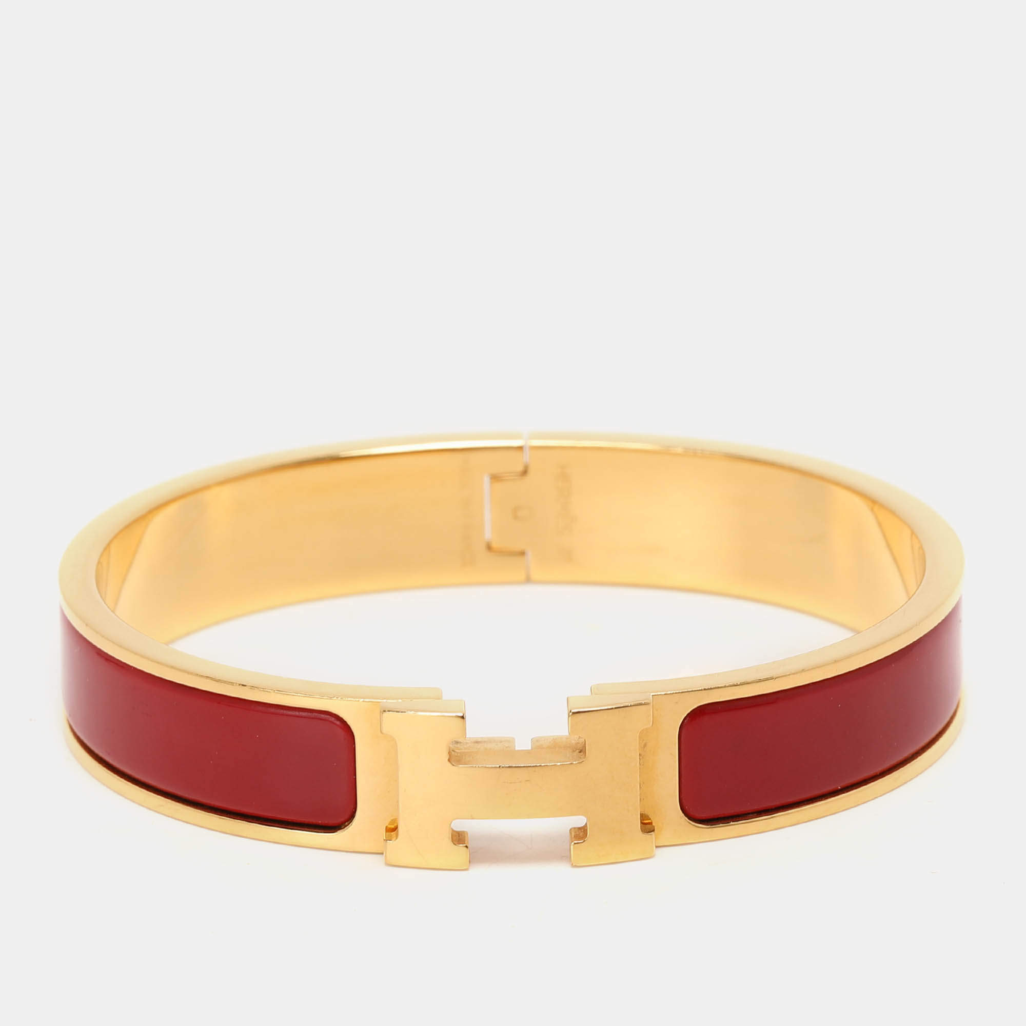 Pre Owned Hermès Red Enamel Gold Tone Metal Clic Clac H Bracelet