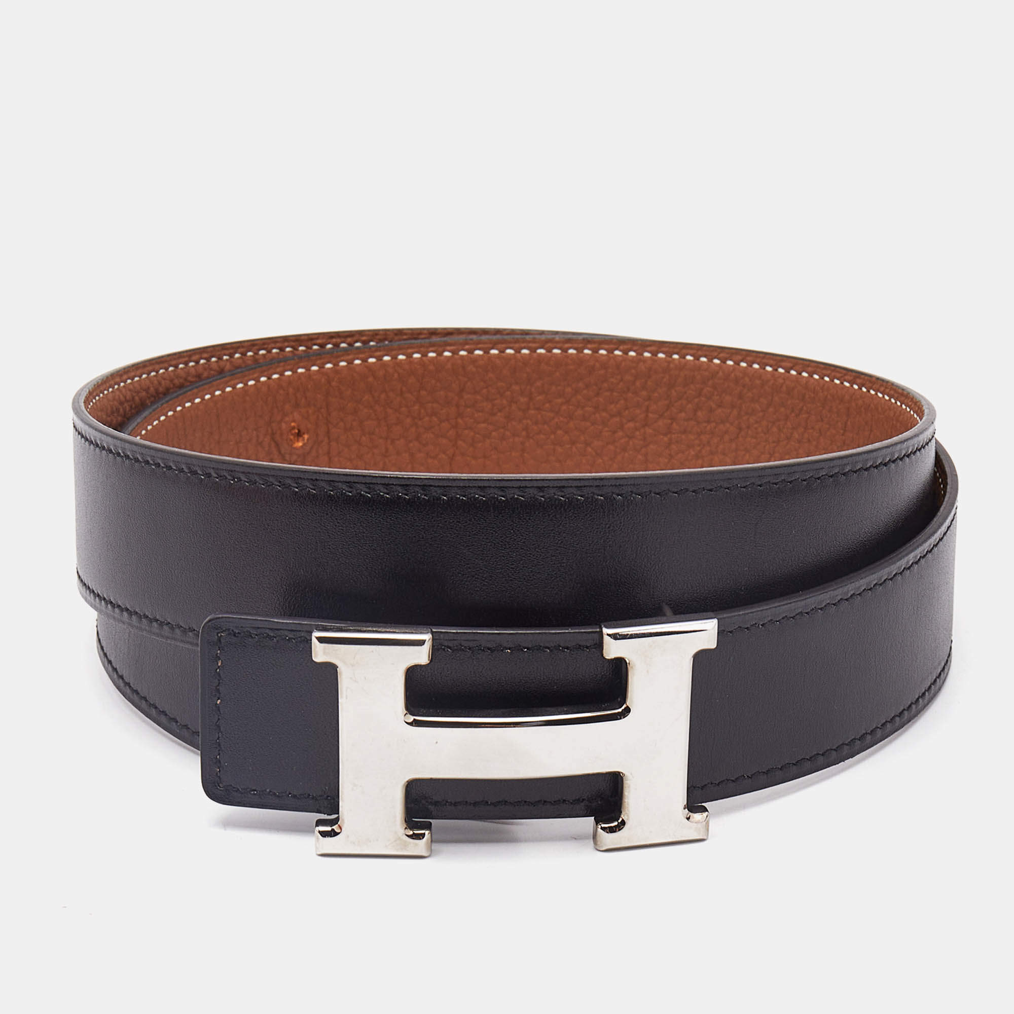 Hermes Noir/Gold Box and Togo Leather H Buckle Reversible Belt 80 CM