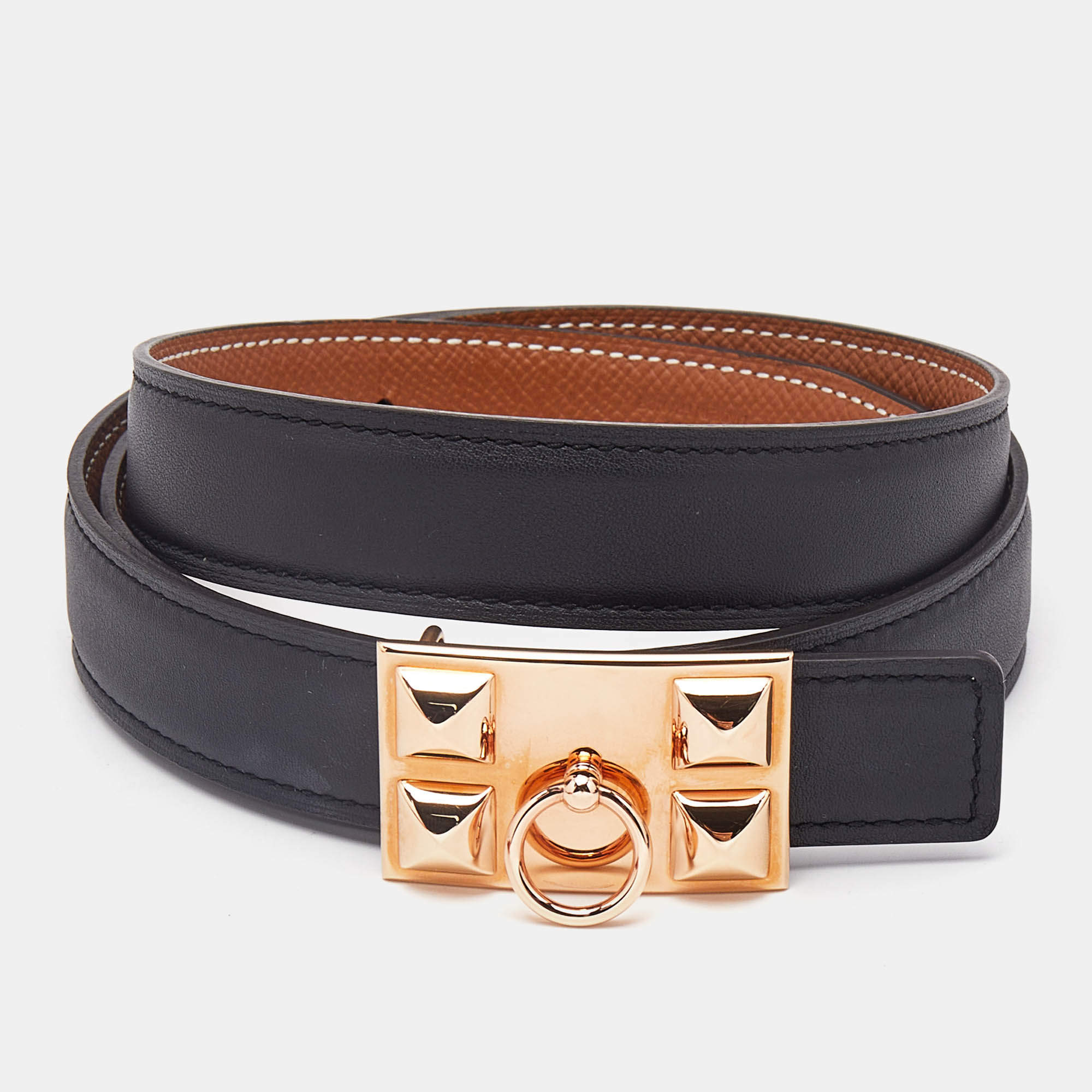 مملوكة مسبقًا Hermès Noir/Gold Swift and Epsom Leather Collier de Chien Reversible Belt 85 CM