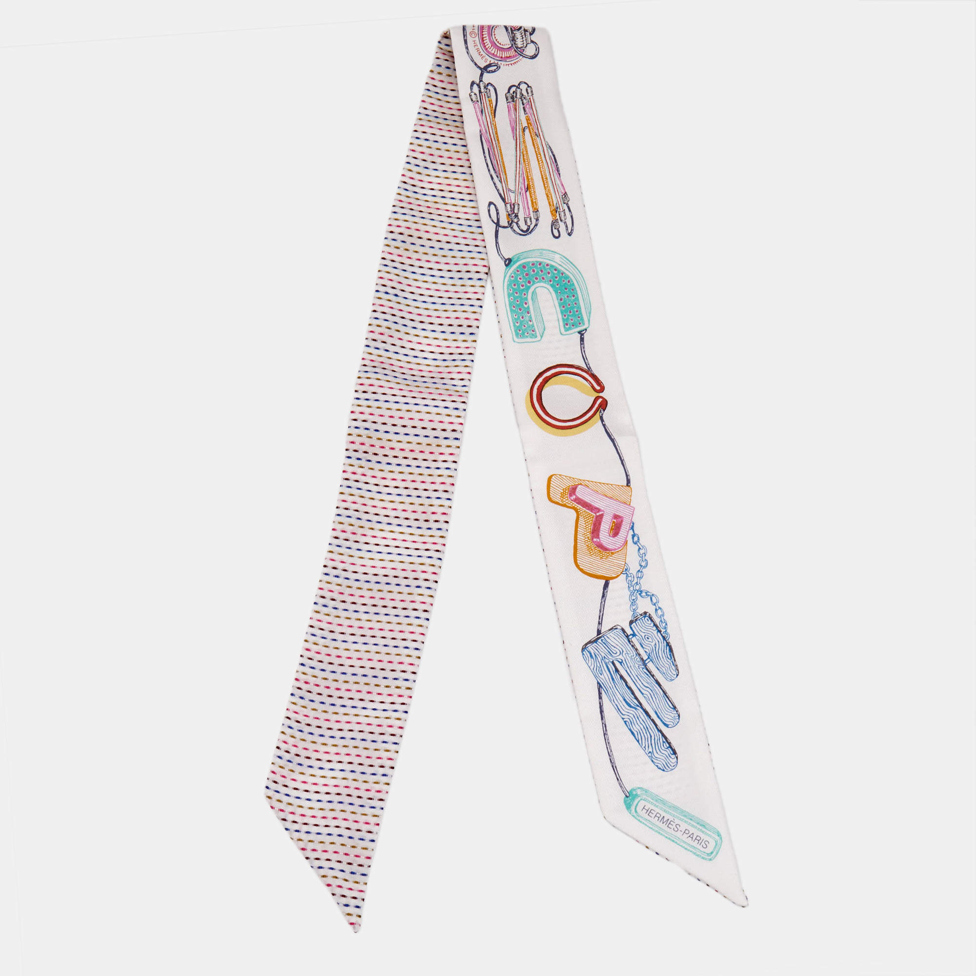 Hermès White/Pink Silk Chevaloscope Pointille Twilly
