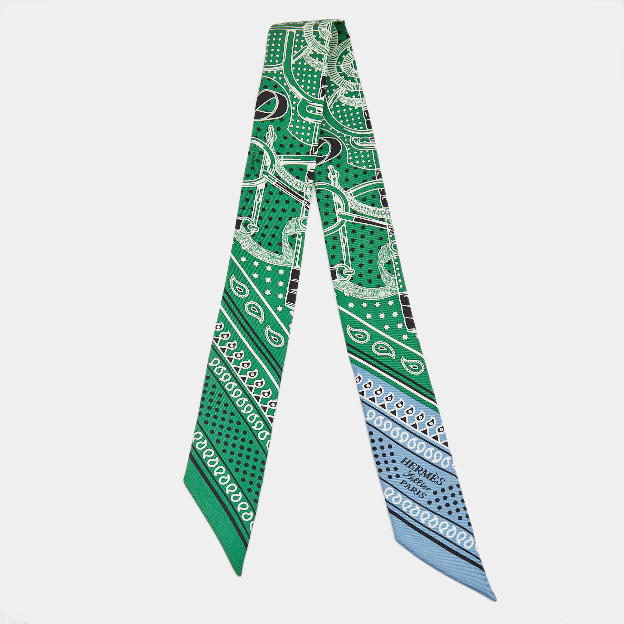Hermes Green & Blue Printed Silk Twilly