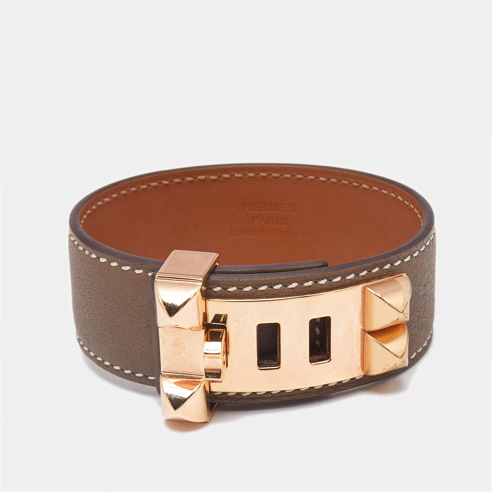Hermes Collier de Chien 24 Leather Rose Gold Tone Bracelet 